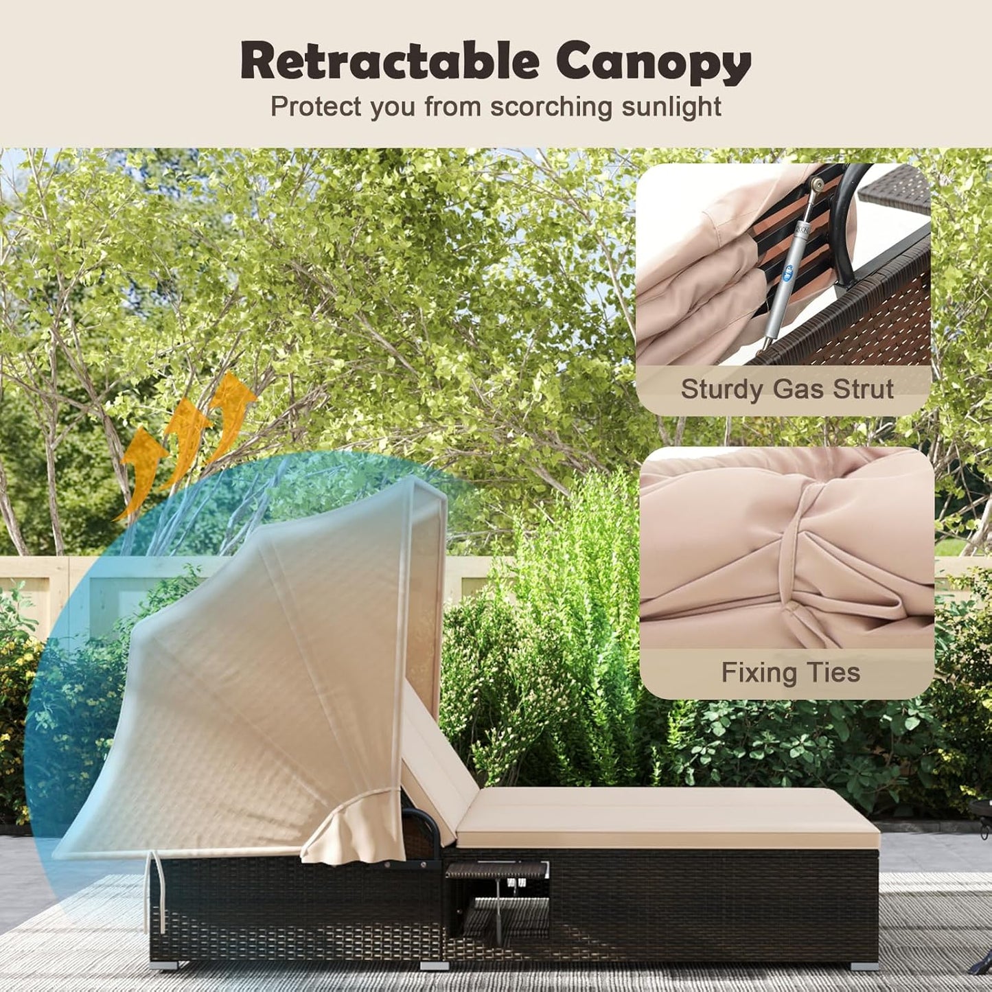 RELAX4LIFE Outdoor Daybed with Retractable Canopy - Wicker Double Chaise Lounge w/6-Position Backrest, 2 Folding Side Trays & Cushions, 2-Seater Loveseat Sunbed for Backyard, Rattan Patio Bed Lounger