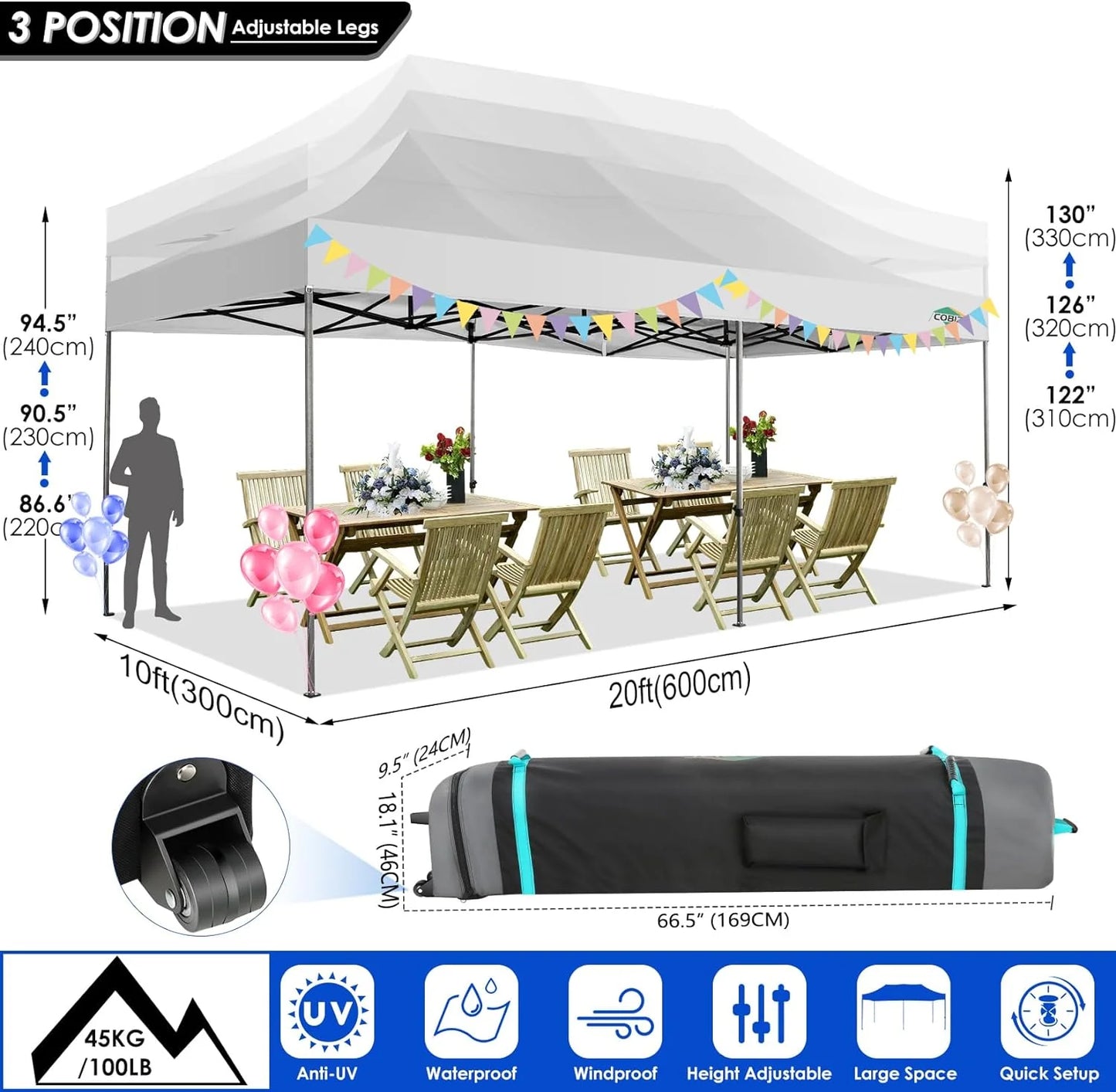 COBIZI 10x20 Heavy Duty Pop up Canopy Tent with 6 sidewalls Easy Up Commercial Outdoor Canopy Wedding Party Tents for Parties All Season Wind & Waterproof Gazebo with Roller Bag,Black(Frame Thickened)