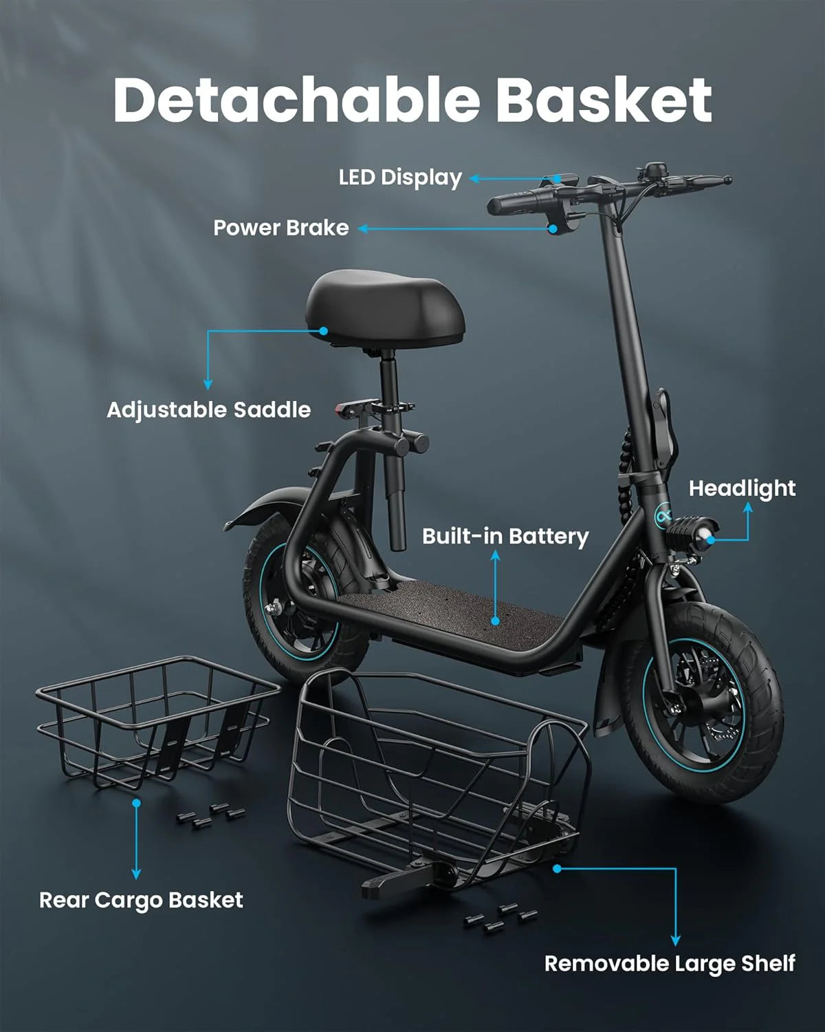 Gyroor Adult Electric Scooter with Large Center Basket, 20 Mile Range, Foldable, and Seat