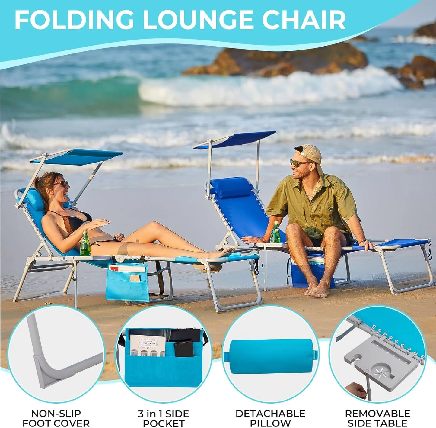 2 Pack Outdoor Chaise Lounge Chair - Portable Folding Patio Pool Lounge Chair, 5 Positions Adjustable Reclining Camping Chair with Side Table,Shoulder Strap, Pillow for Beach Sunbathing Lawn