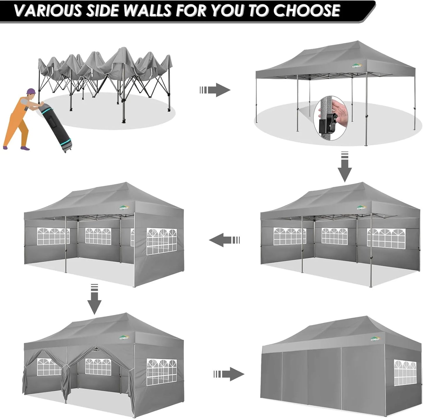 COBIZI 10x20 Heavy Duty Pop up Canopy Tent with 6 sidewalls Easy Up Commercial Outdoor Canopy Wedding Party Tents for Parties All Season Wind & Waterproof Gazebo with Roller Bag,Black(Frame Thickened)