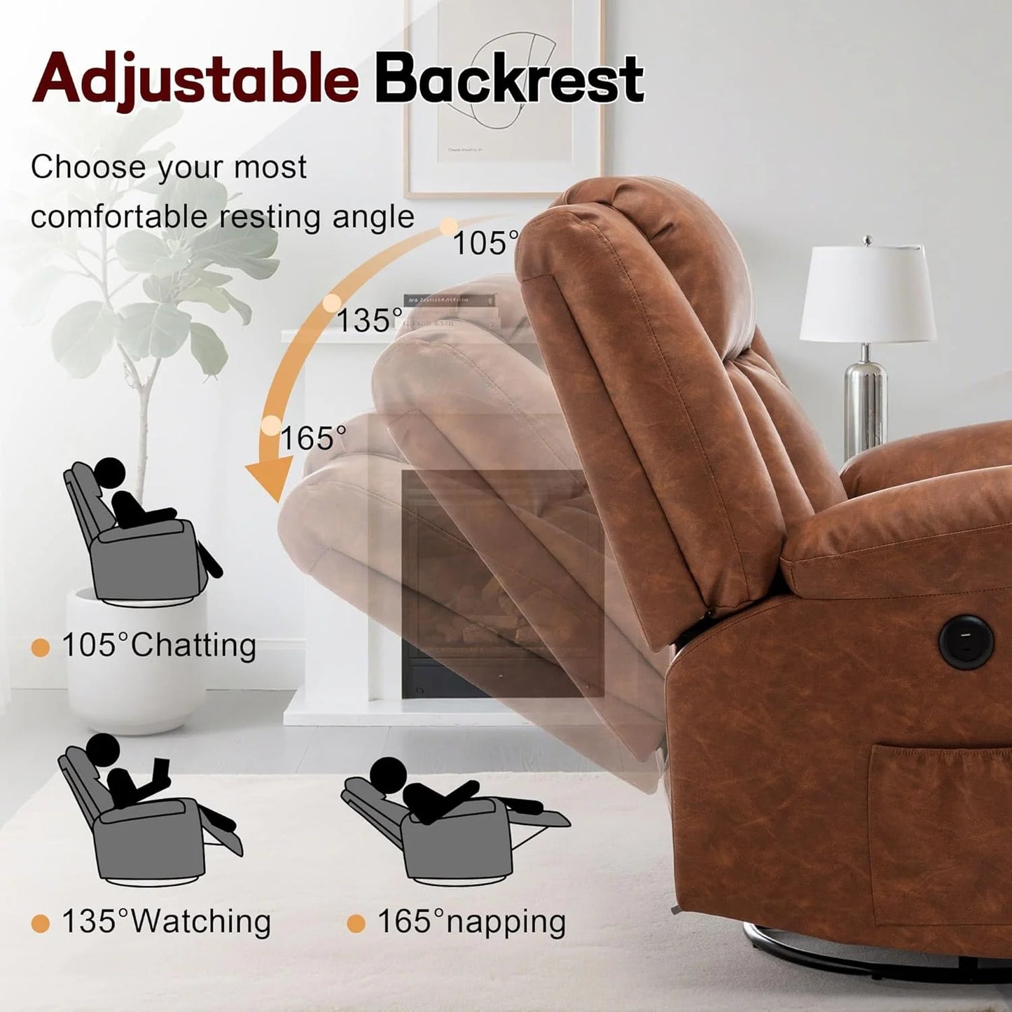 Adult rocking chair, gliding recliner, 360° rotating rocking chair with massage and heating function