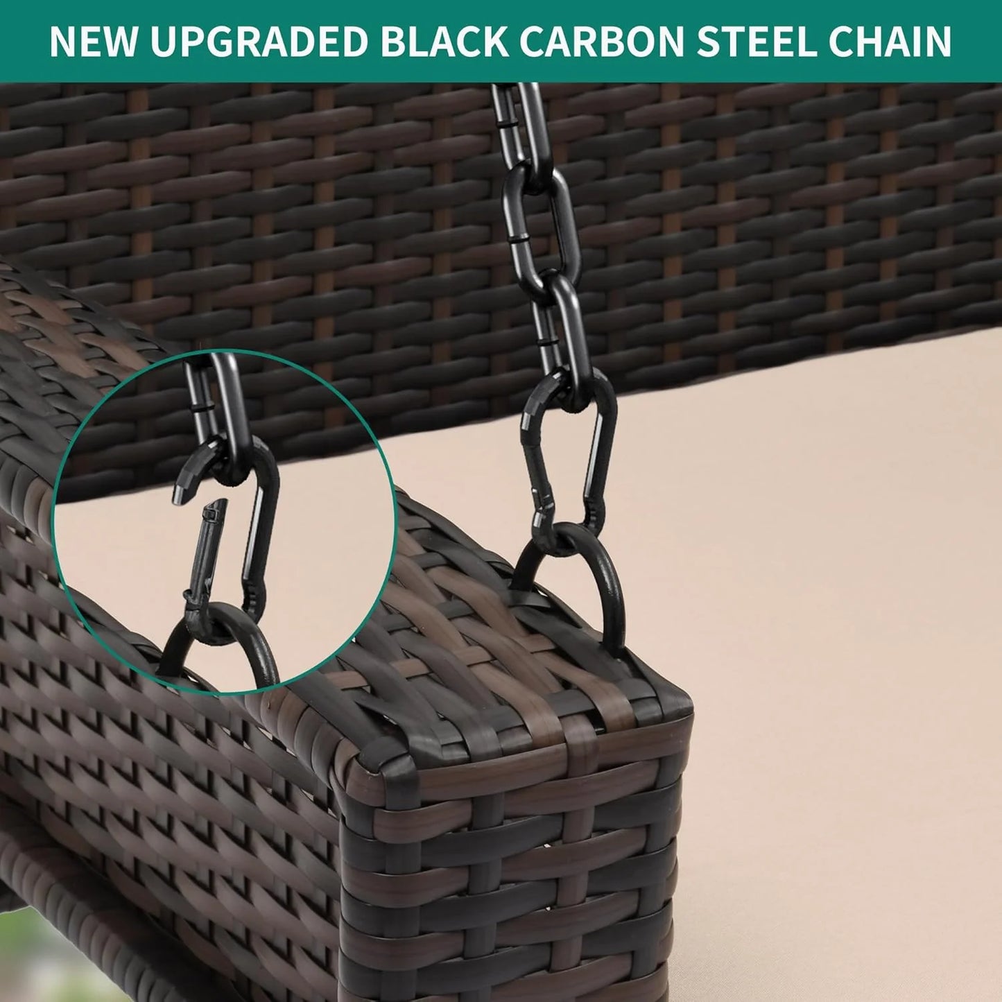 YITAHOME Hanging Porch Swing Chair Sits 3 People, Wicker Outdoor Swing Bench, Patio Lounge Chair, 1 Seating Cushion and 3 Back Cushions, w/Removable Covers, for Garden, Balcony, Backyard, Brown