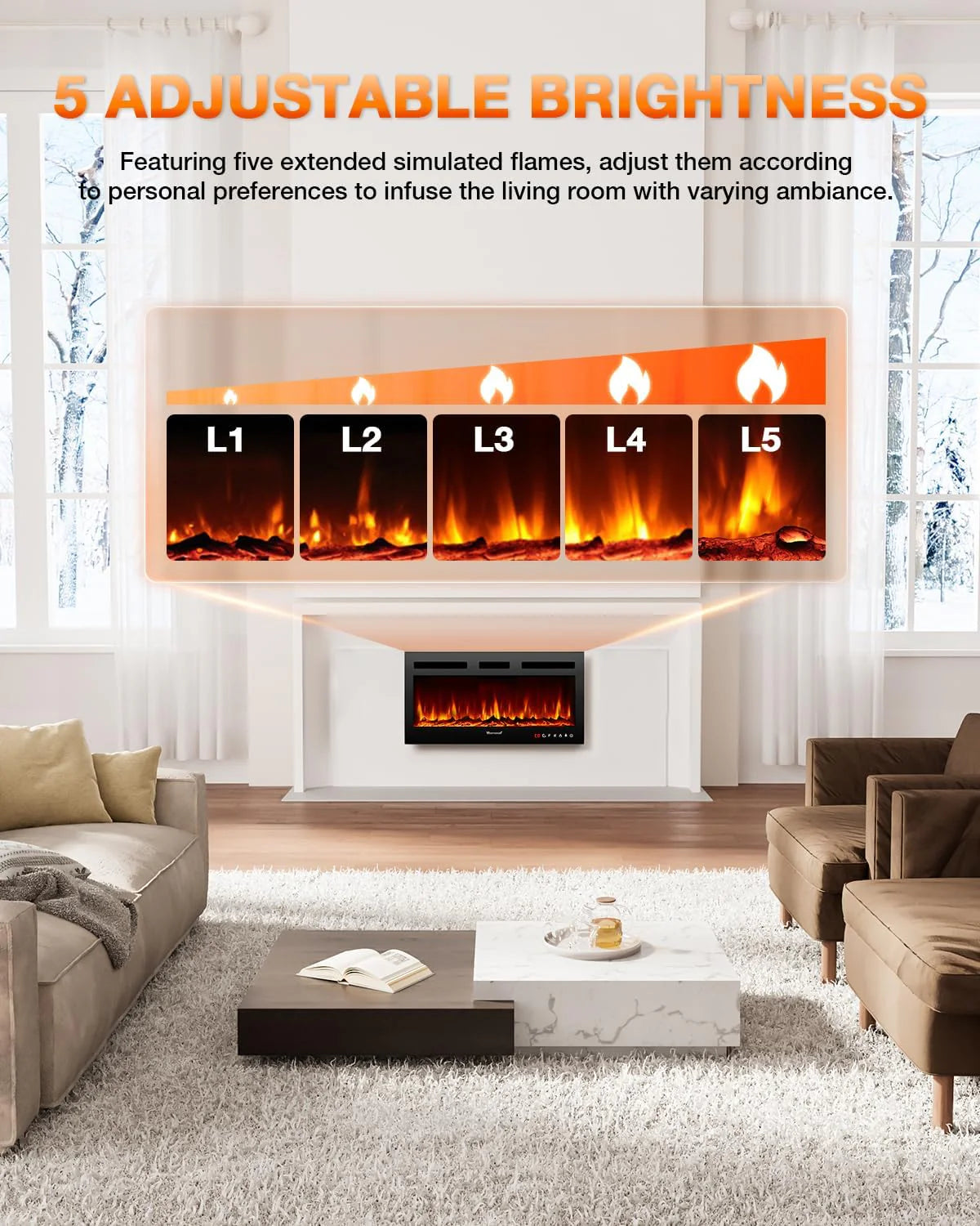Electric Fireplace 60Inch,Wall Mounted Electric Fireplace Heater with Timer Inserts，TV Stand Touch Screen and Realistic Flame,Log Set,Crystal Flames 750 to 1500W，Remote for Living Room