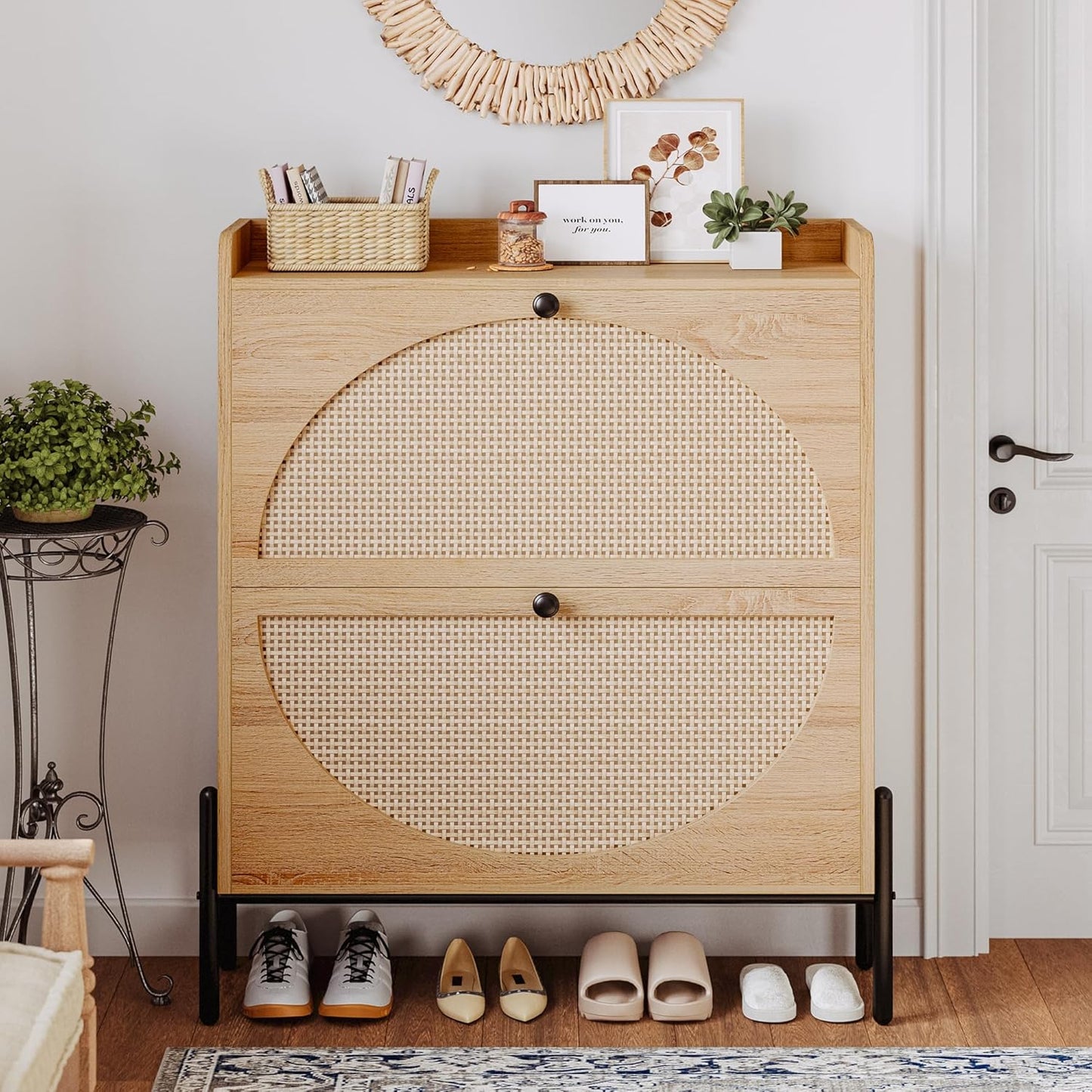 IRONCK Shoe Cabinet Storage with 2 Flip Drawers, Free Standing Wooden Shoe Storage Organizer Cabinet with Rattan Doors for Entryway, Narrow Shoe Rack Cabinet, Oak