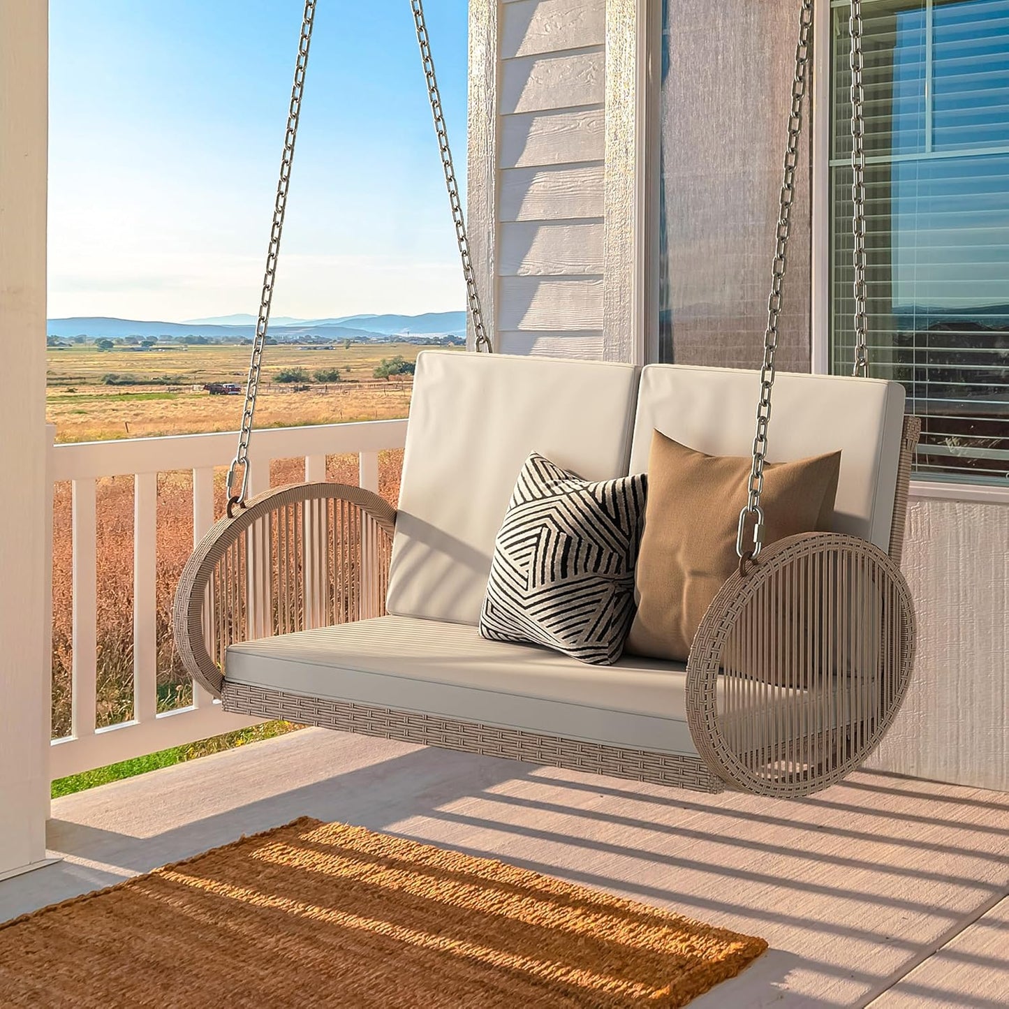 YITAHOME Hanging Porch Swing Chair Sits 3 People, Wicker Outdoor Swing Bench, Patio Lounge Chair, 1 Seating Cushion and 3 Back Cushions, w/Removable Covers, for Garden, Balcony, Backyard, Brown