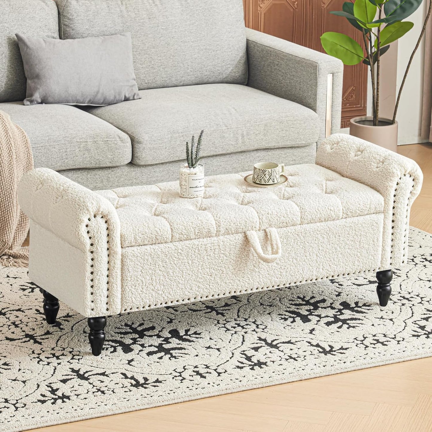 Furniliving Modern Storage Ottoman Bench, Sherpa Ottoman End of Bed Bench with Solid Wood Legs Upholstered Ottoman Benches with Storage Indoor Bench