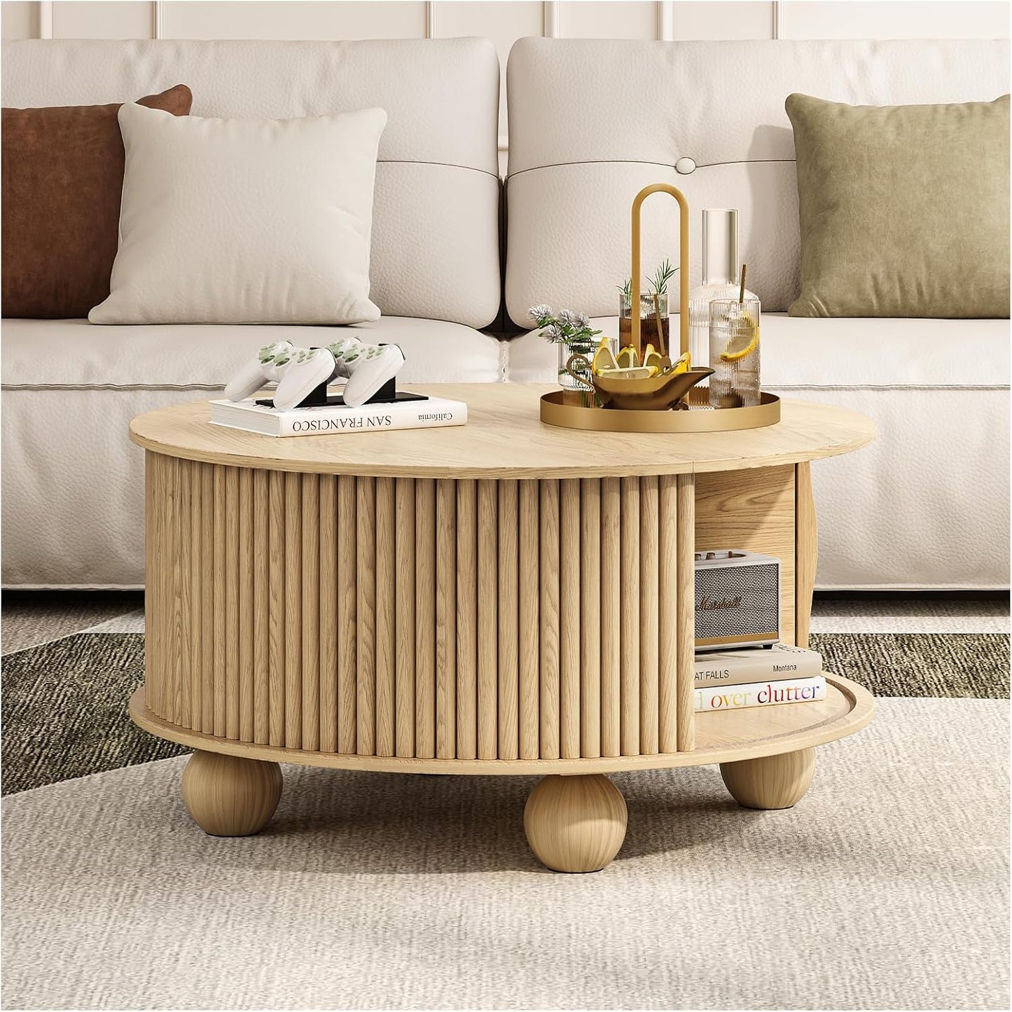 Round Coffee Table with Storage,Fluted Center Table with Sliding Cabinet Door for Living Room,Home Small Space,31.5" Small Center Table,Walnut