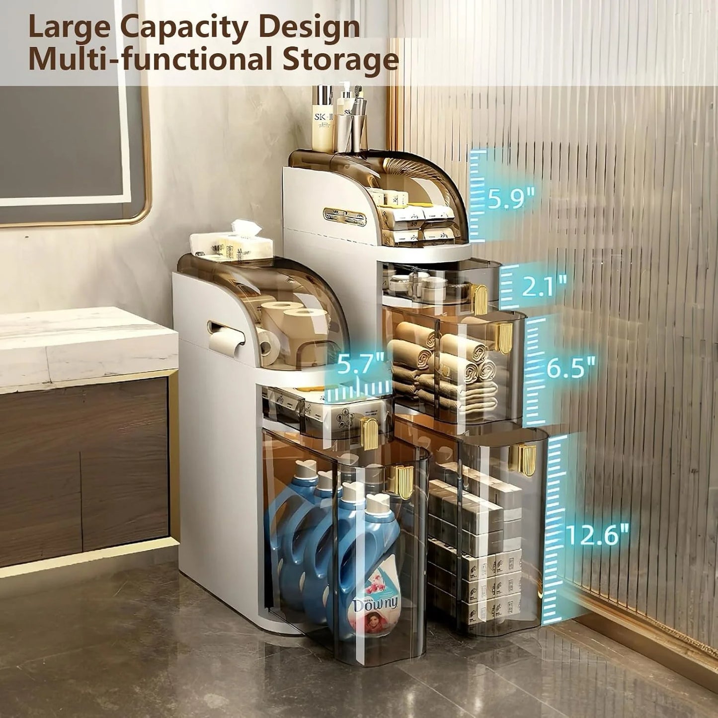 4-Tiers Narrow Bathroom Storage Cabinet 7.1″ Slim Bathroom Floor Organizer with Drawers and Tissue Box Plastic Waterproof Mobile Locker