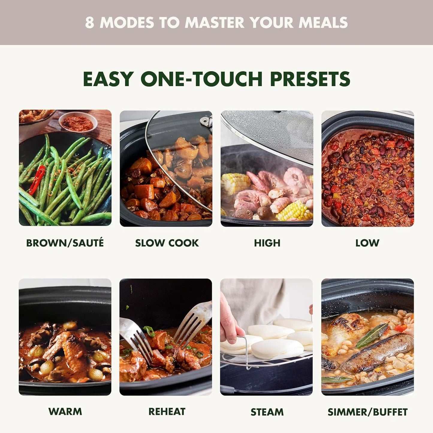 8-in-1 Programmable 6QT Electric Slow Cooker with Dishwasher-Safe Lid and Removable Base