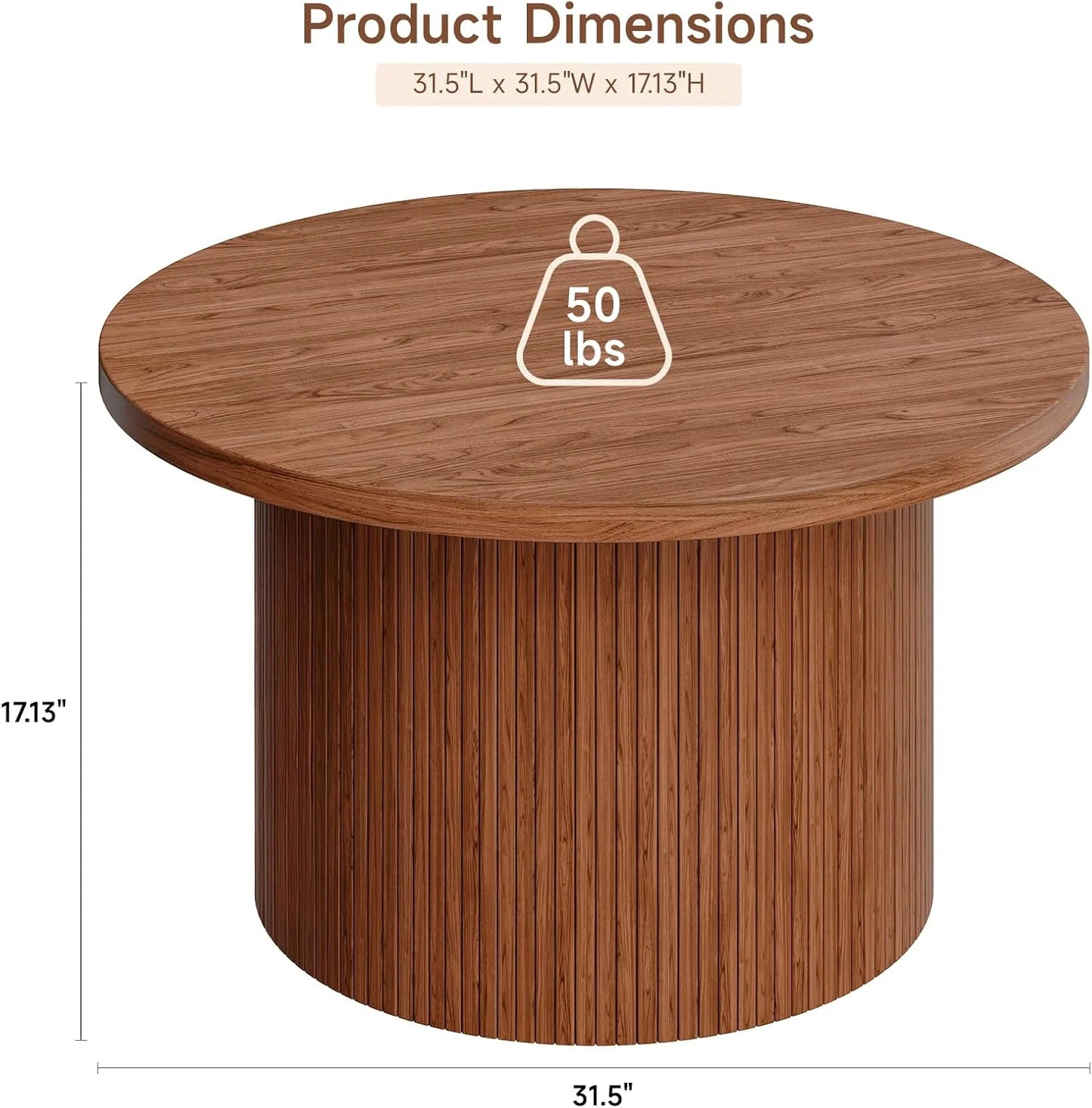 31.5 inch round coffee table, living room roll-up coffee table, mid-century modern wood coffee table