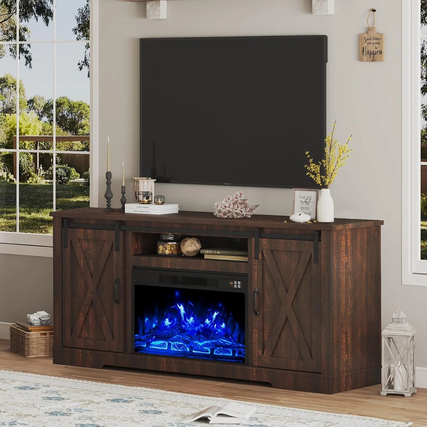 AMERLIFE Fireplace TV Stand with Sliding Barn Door for TVs up to 73", Farmhouse 63" Fireplace Entertainment Center with Storage Cabinets/Adjustable Shelves