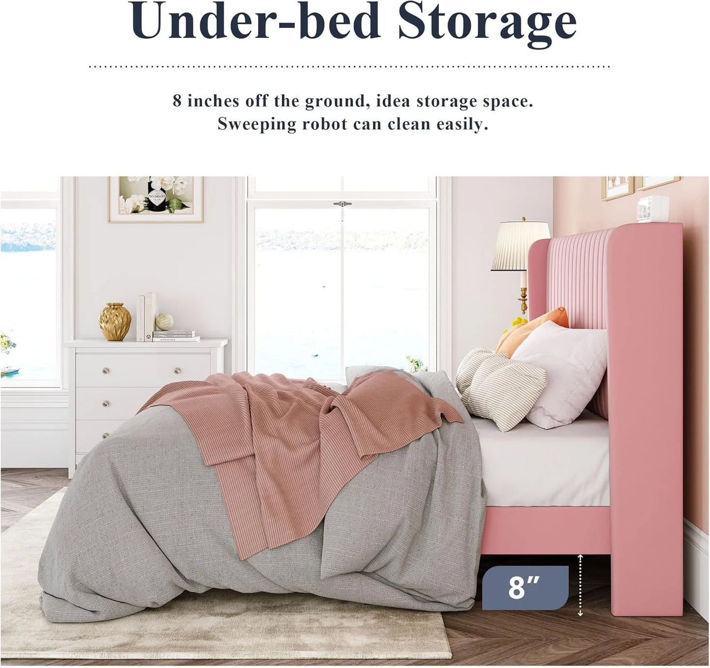 Allewie Full Size Velvet Bed Frame/Vertical Channel Tufted Wingback Headboard/Upholstered Platform Bed/Strong Wooden Slats/No Box Spring Needed/Easy Assembly/White