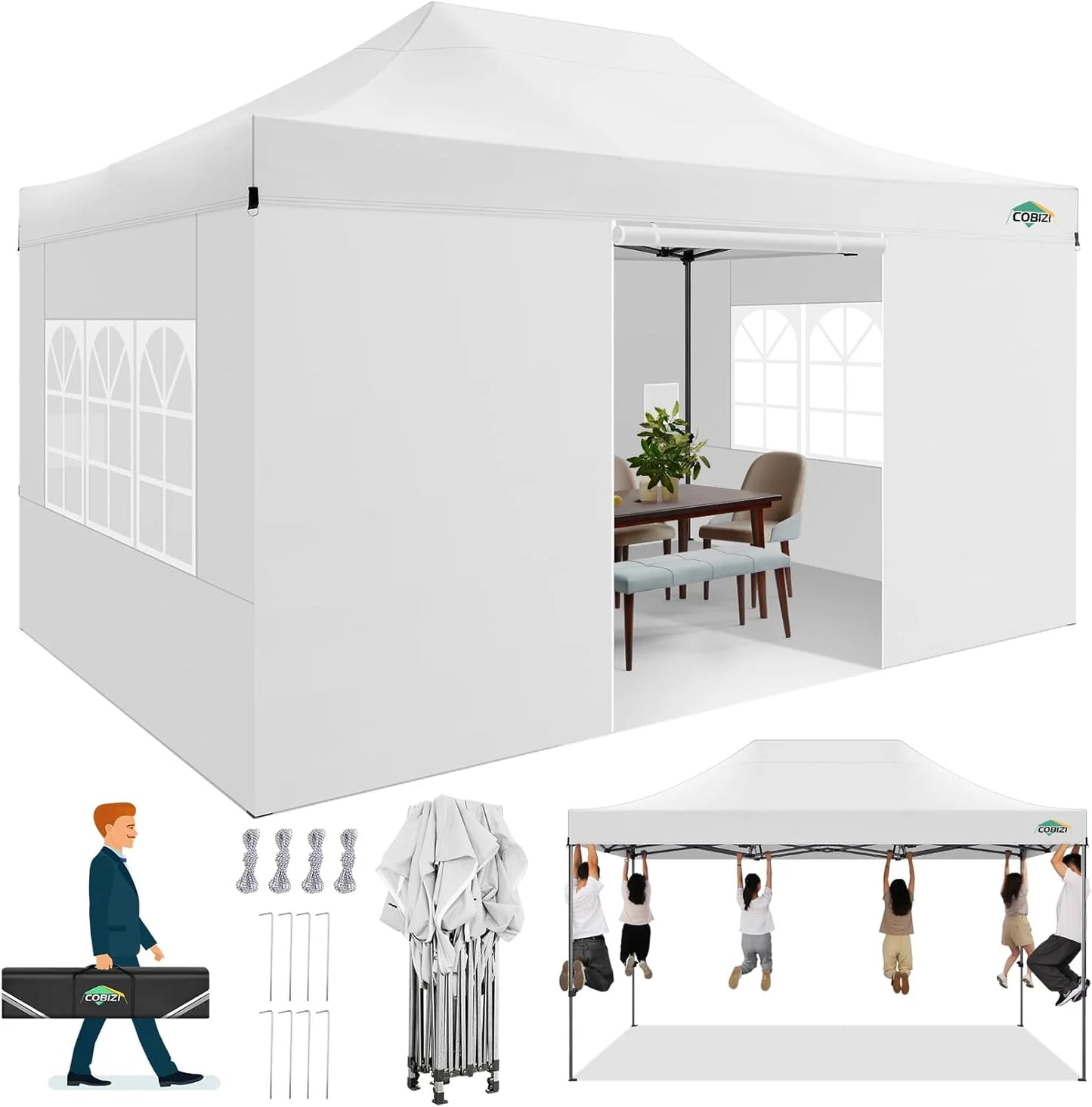 COBIZI 10x20 Heavy Duty Pop up Canopy Tent with 6 sidewalls Easy Up Commercial Outdoor Canopy Wedding Party Tents for Parties All Season Wind & Waterproof Gazebo with Roller Bag,Black(Frame Thickened)