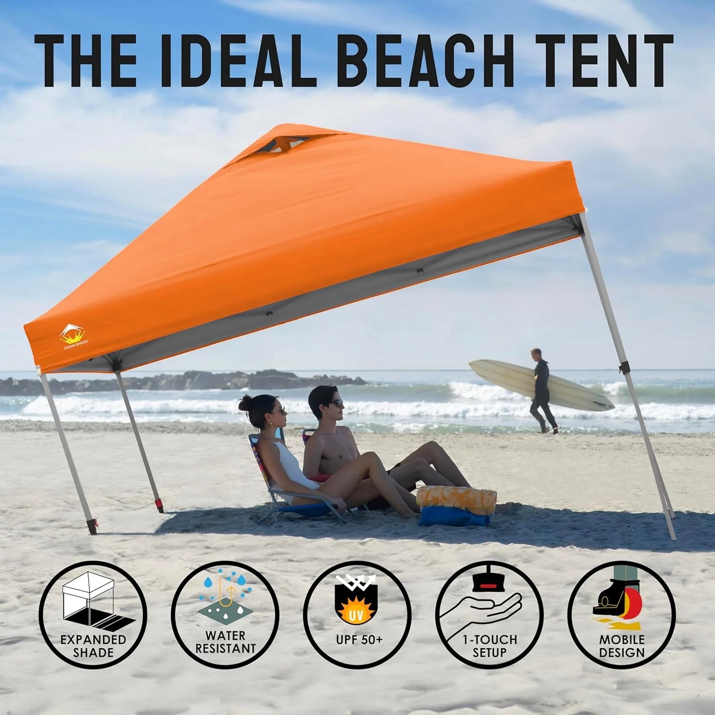 10x10 Pop-Up Awning - One-Click Installation Beach Tent - Outdoor Sunshade Silver Coated Top, 3 Heights and 4 Sand Pockets