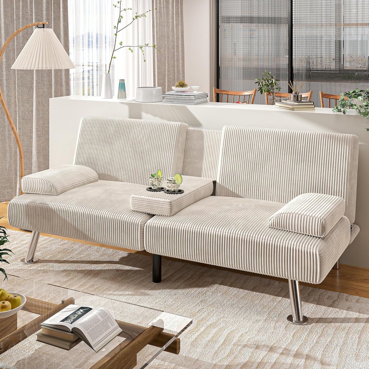 Shahoo Modern Linen Upholstered Convertible Folding Futon Sofa Bed with Removable Armrests, Metal Legs, 2 Cup Holders for Living Room