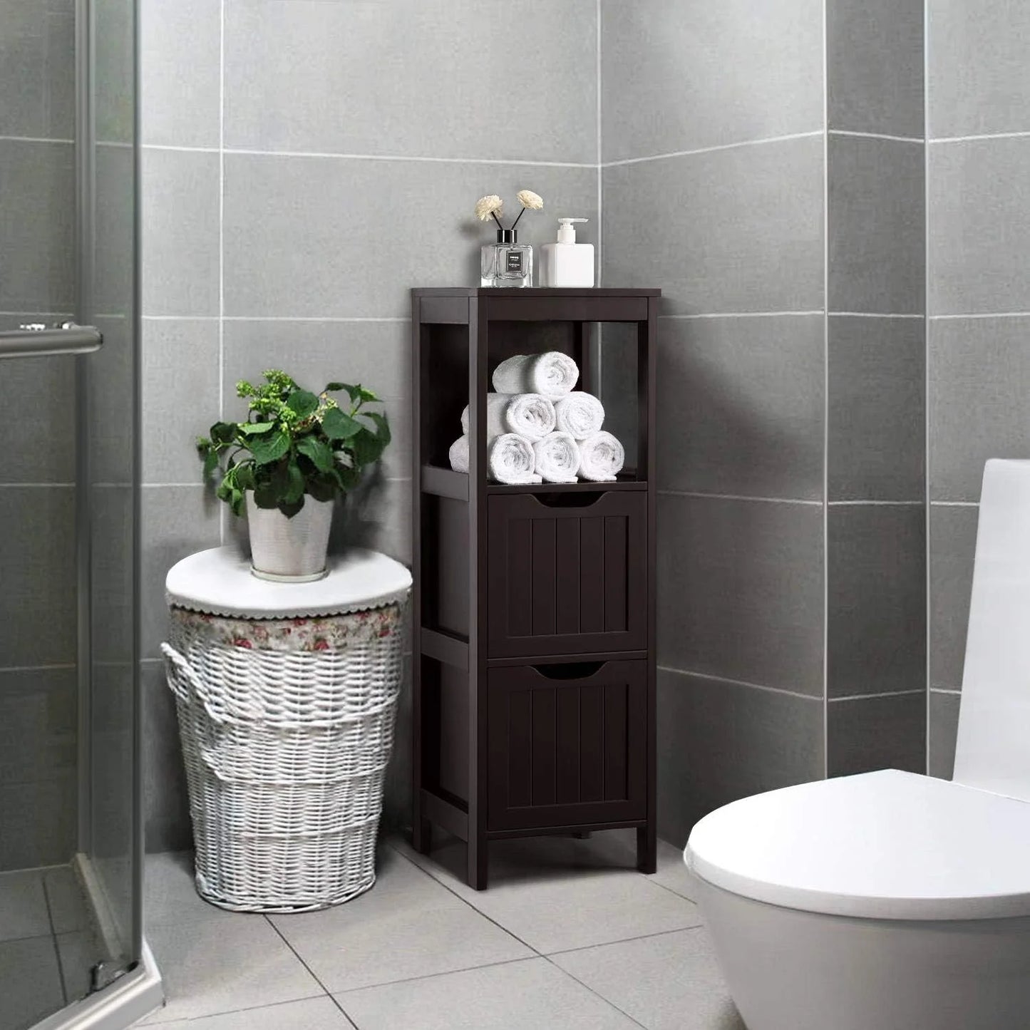 Bathroom Floor Cabinet, Wooden Storage Cabinet with 2 Drawers, Multifunctional Side Organizer Rack Stand Table