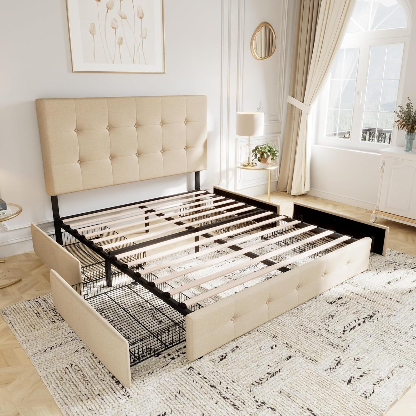 Allewie Upholstered Queen Size Platform Bed Frame with 4 Storage Drawers and Headboard, Square Stitched Button Tufted, Mattress Foundation with Wooden Slats Support, No Box Spring Needed