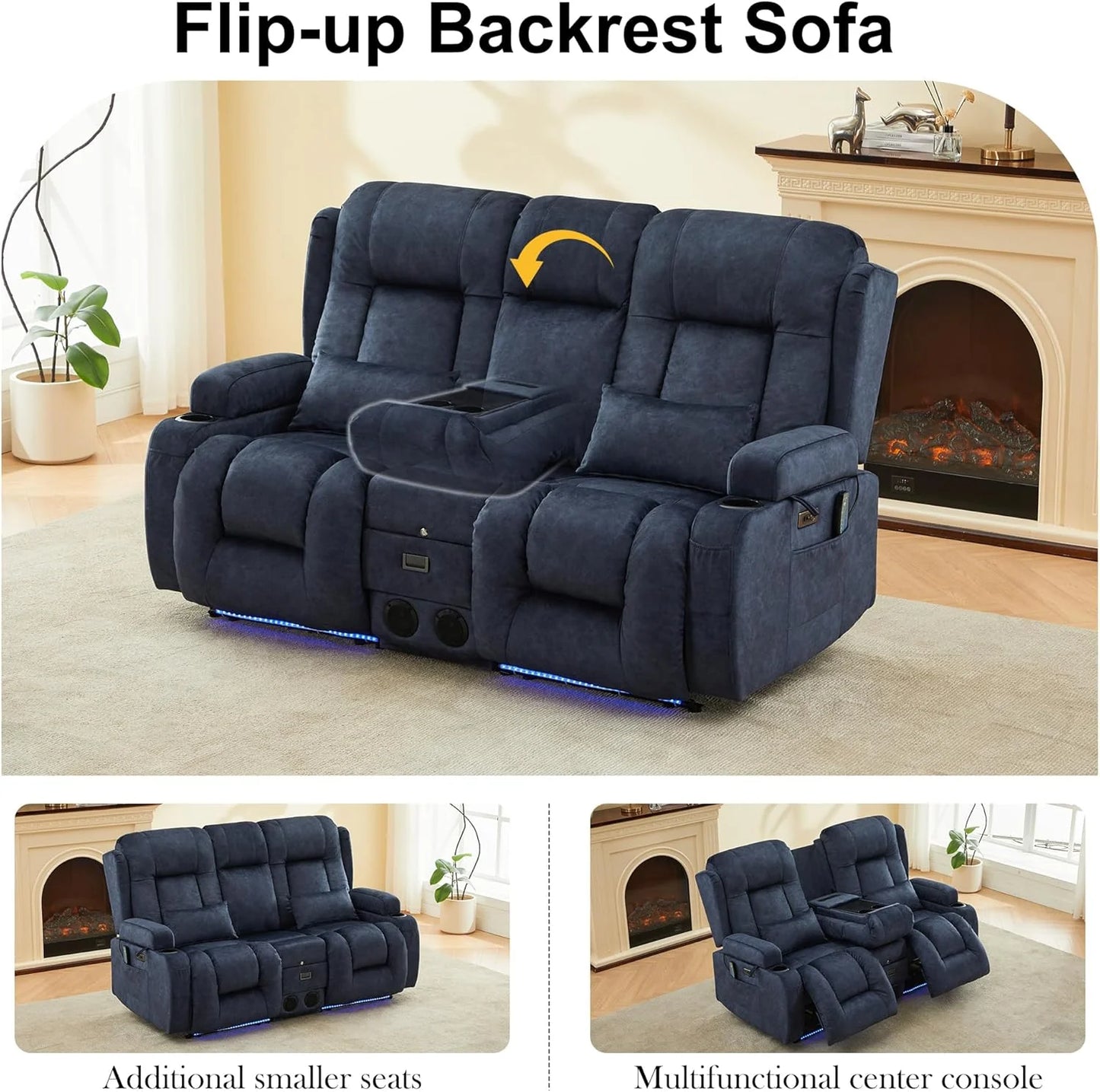 TUNYI Power Loveseat Recliner Sofa with Massage & Heat Home Theater Seating with Console Electric Recliner RV Sofa with USB/Outlet/Storage/Side Pocket/LED Light/Speaker (Brown, Loveseat)