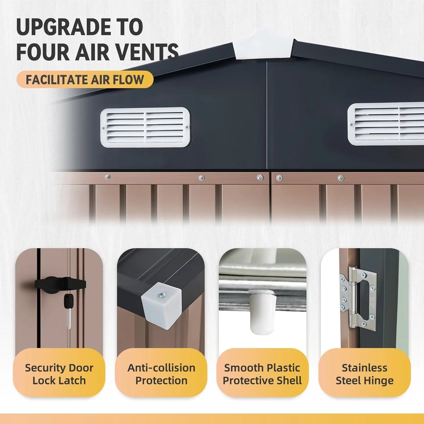 Aoxun 7.4x5.3FT Shed with Floor Galvanized Steel Outdoor Storage Shed Metal Garden Shed with Double Doors, 15mm Moisture-Proof Floor & Ventilation, Sloped Roof for Bike/Generator/Tool Storage (Brown)