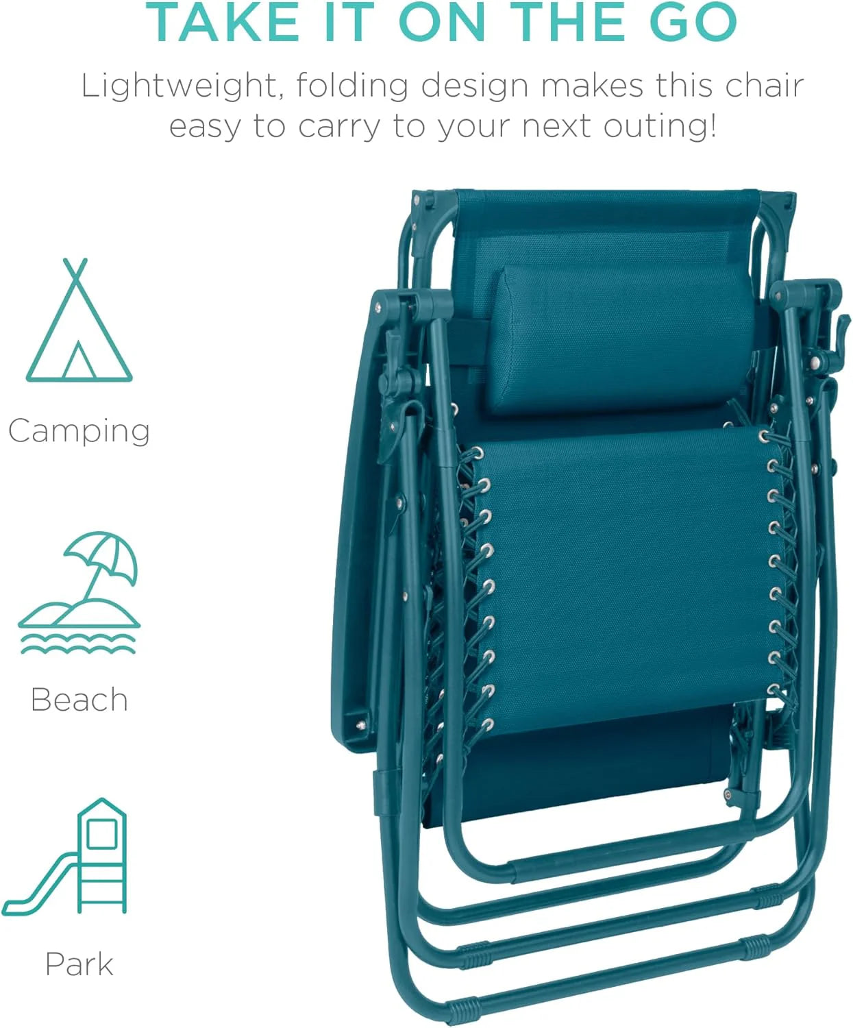 Best Choice Products Folding Zero Gravity Outdoor Recliner Patio Lounge Chair w/Adjustable Canopy Shade, Headrest, Side Accessory Tray, Textilene Mesh - Peacock Blue