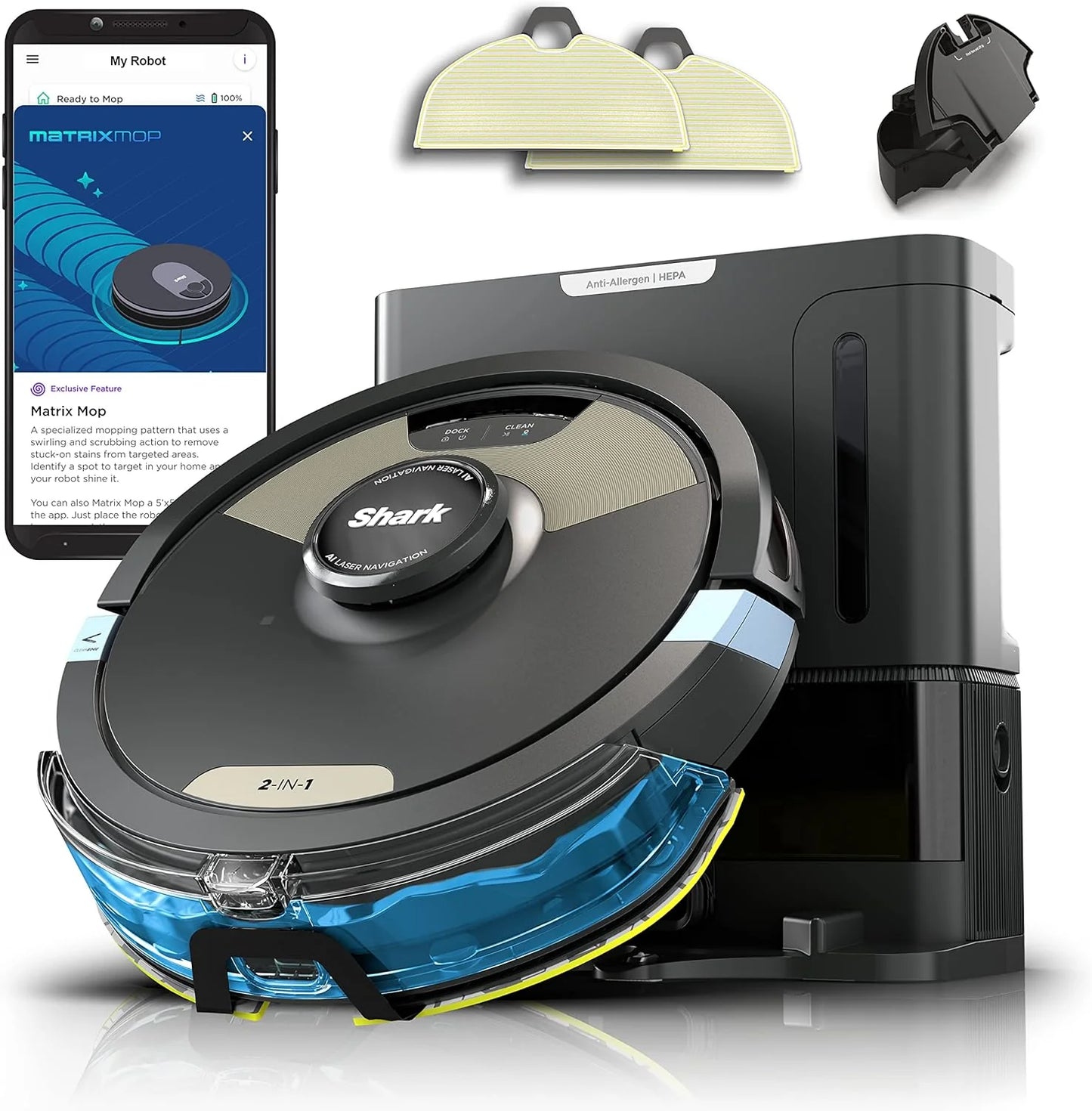 Robot Vacuum & Mop Combo, Powerful Suction, Matrix Plus, 60-Day Debris Capacity, HEPA Bagless Self Empty Base, Sonic Mopping, Home Mapping for Pet Hair - Carpets & Hardfloor, AV2610WA
