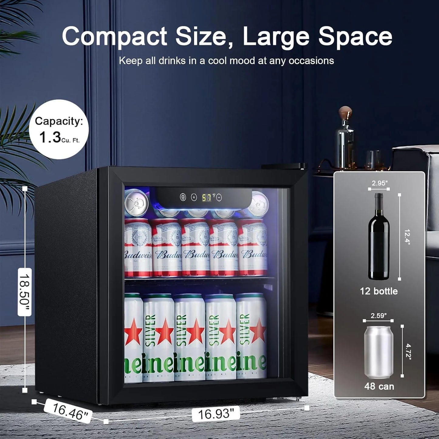 Antarctic Star Beverage Refrigerator Cooler 68 Can, Mini Fridge with Glass Door for Beer Drinks Wine,Freestanding Small Fridge with Electronic Temperature Control for Home and Bar,1.7 cu.ft