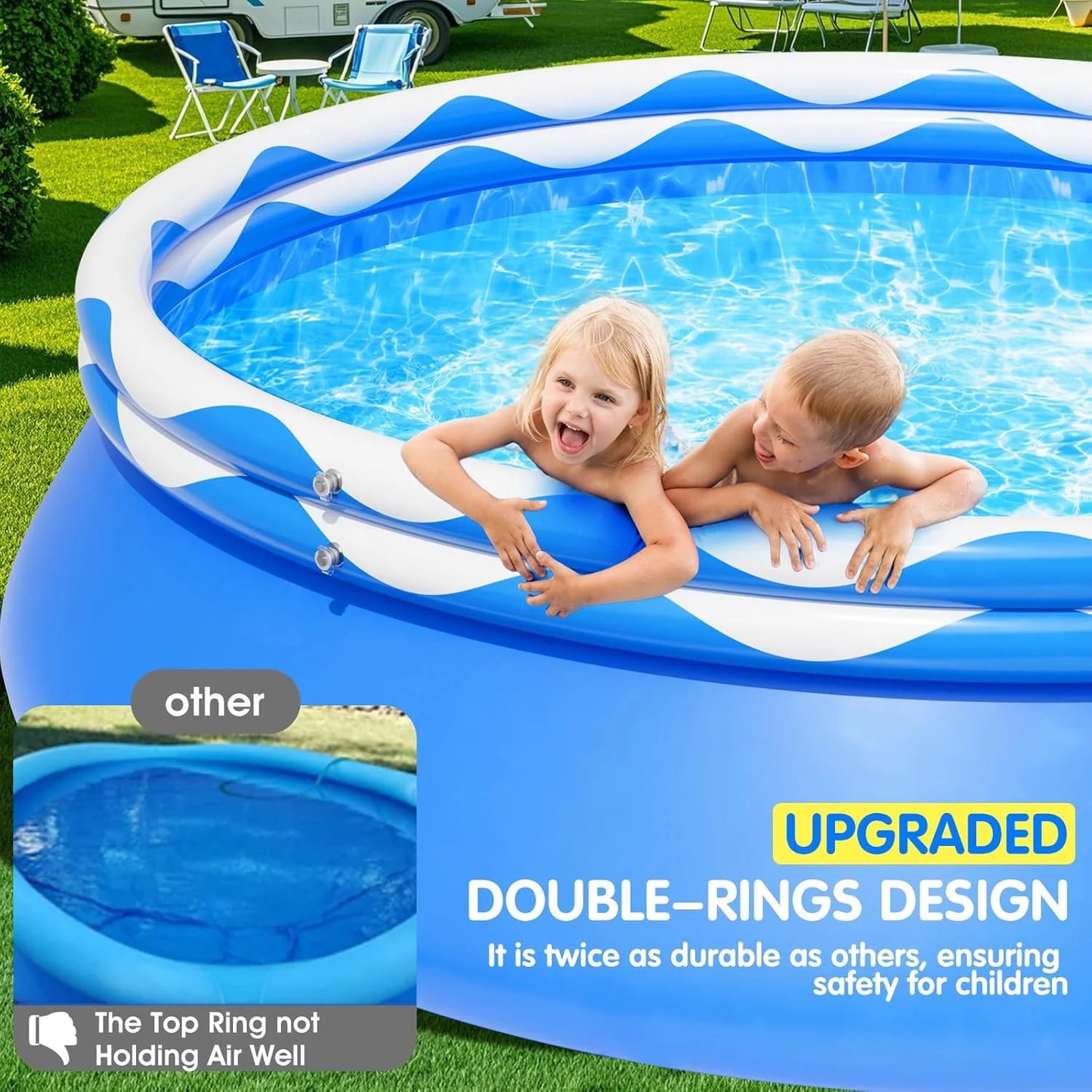 Upgraded Double Rings Inflatable Above Ground Pool Easy Set,Inflatable Swimming Pool for Adults,Inflatable Top Rings Above Ground Swimming Pool,Water Ripple Print,500 Gal Capacity (8ftx26in)