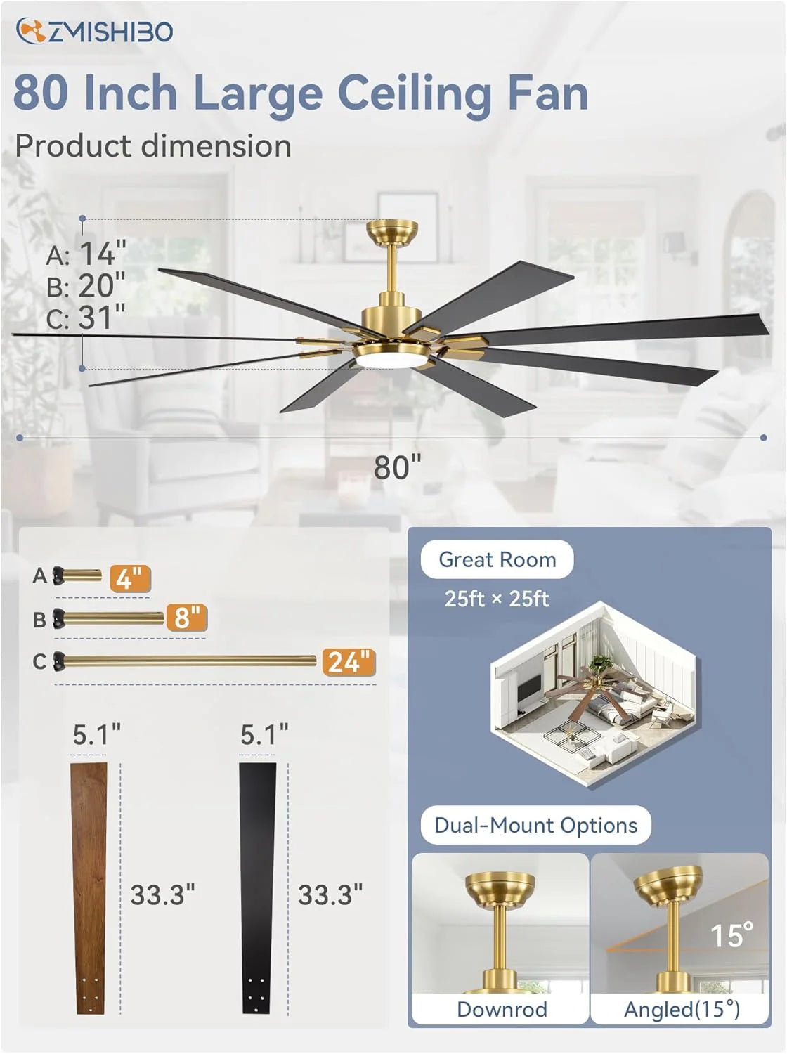Zmishibo 72-inch large ceiling fan with lighting and remote indoor/outdoor