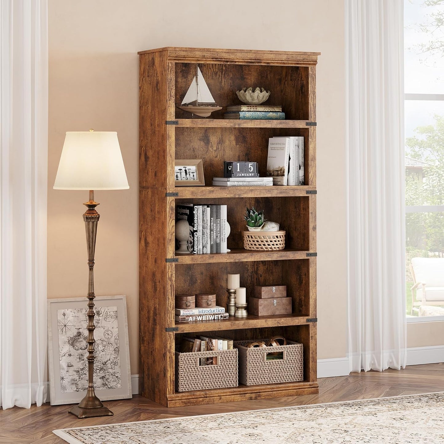 5 Tier Bookcase Farmhouse Book Shelf with Storage Open Display Bookshelves