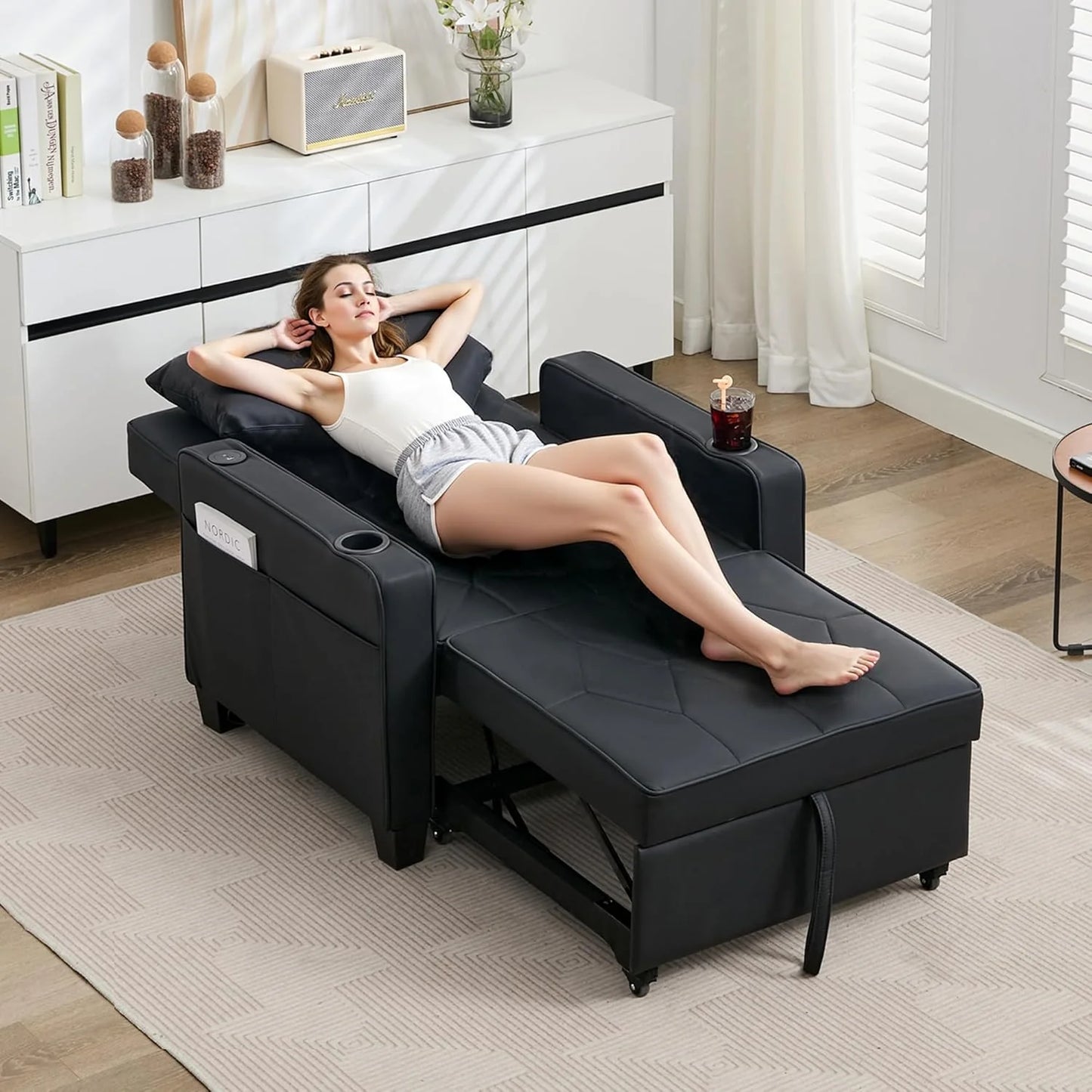 Adult Convertible Sleeper Chair Bed, 3-in-1 Pull-Out Sofa Bed with USB/Type-C Ports, Cup Holders, Side Pockets, Single Sofa