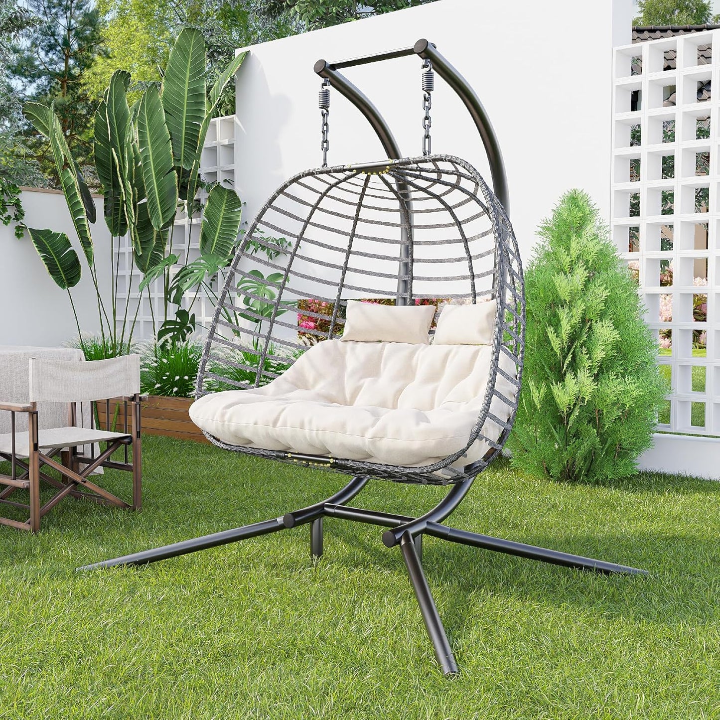 HWB Hanging Egg Chair with Stand, Patio Wicker Hammock Egg Swing Chair with Cushion for Bedroom Garden Indoor Outdoor (Beige)