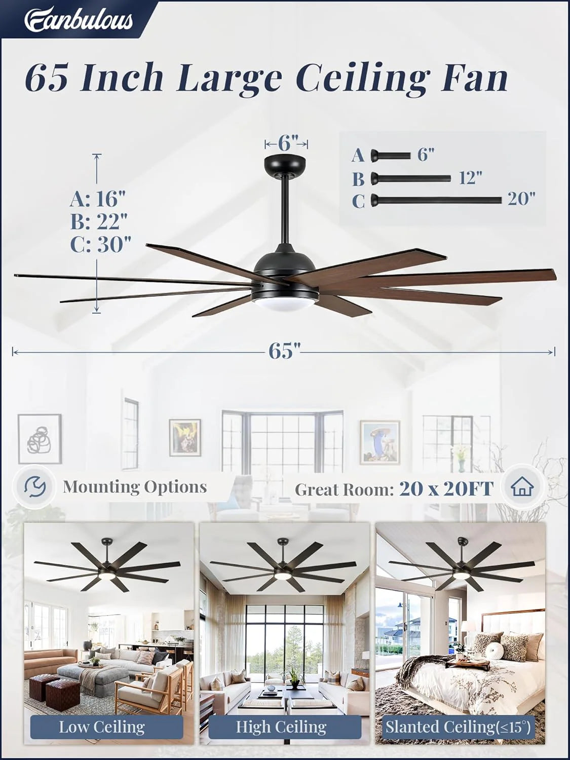 Ceiling Fan Indoor/Outdoor 8 Blades 65 inches