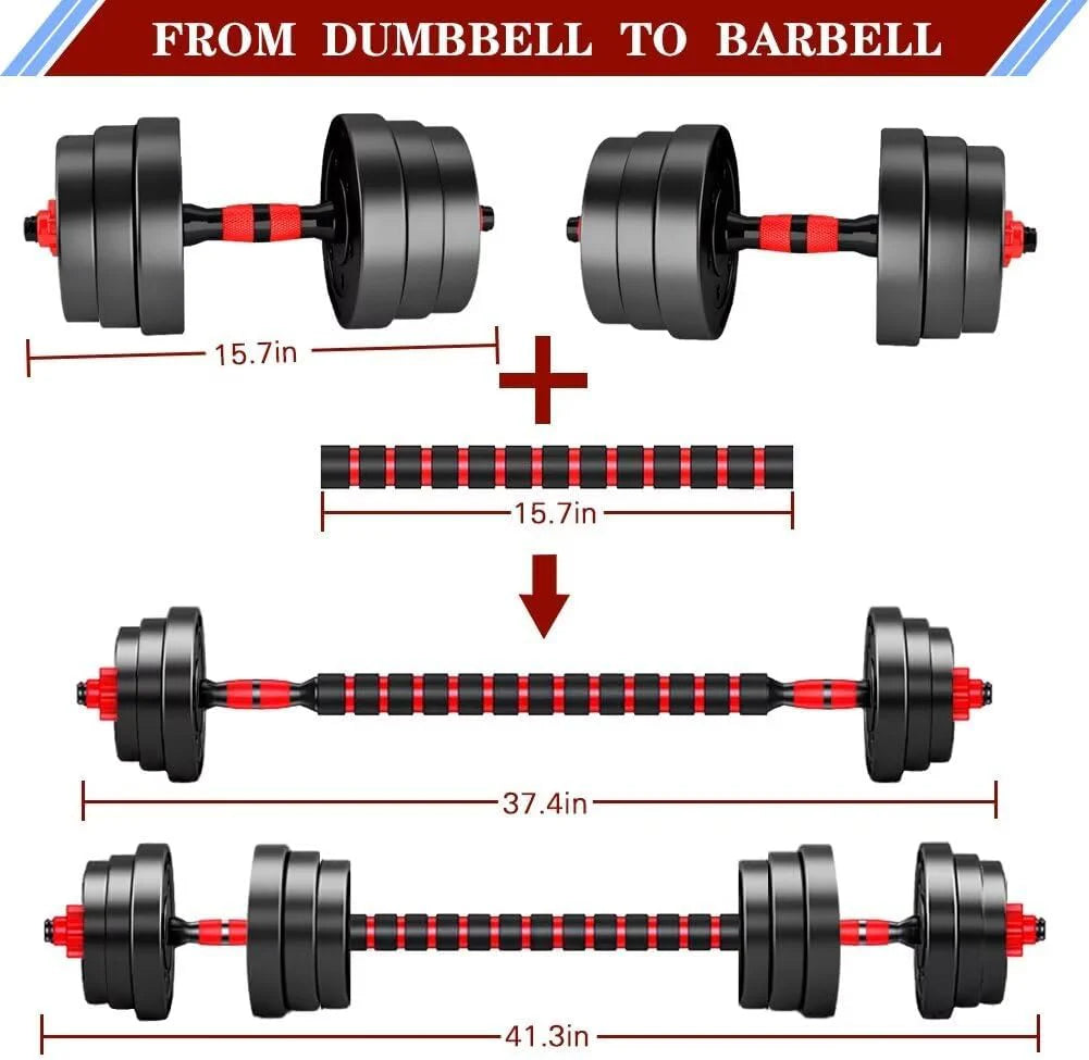 Adjustable dumbbell set, free weight dumbbell pair convertible into barbell