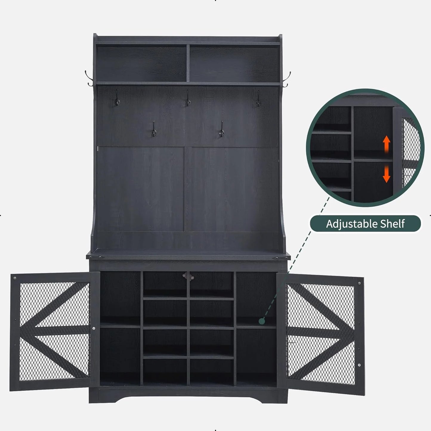 JXQTLINGMU 59-inch Farmhouse Foyer Tree with Shoe Storage, Entryway Bench Foyer Coat Rack Cabinet