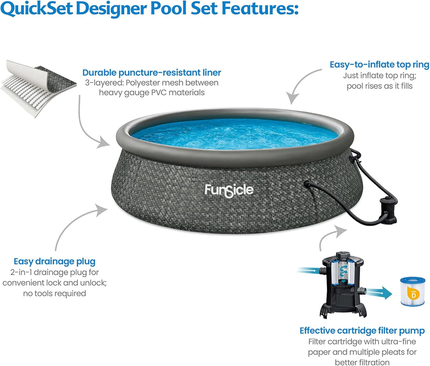 Funsicle 12 Foot by 36 Inch Quickset Round Inflatable Ring Top Outdoor Above Ground Swimming Pool Set with Pump and Cartridge Filter, Dark Herringbone