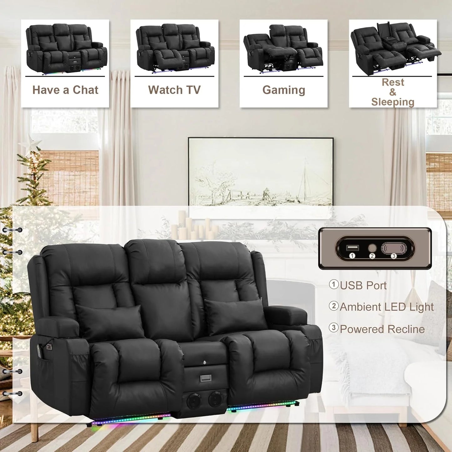 TUNYI Power Loveseat Recliner Sofa with Massage & Heat Home Theater Seating with Console Electric Recliner RV Sofa with USB/Outlet/Storage/Side Pocket/LED Light/Speaker (Brown, Loveseat)