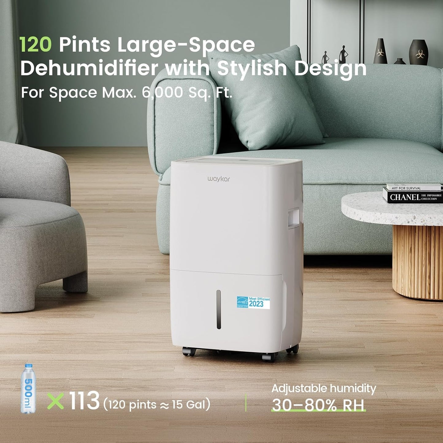 Waykar 2000 Sq. Ft Dehumidifier for Home and Basements, with Auto or Manual Drainage, 0.66 Gallon Water Tank Capacity