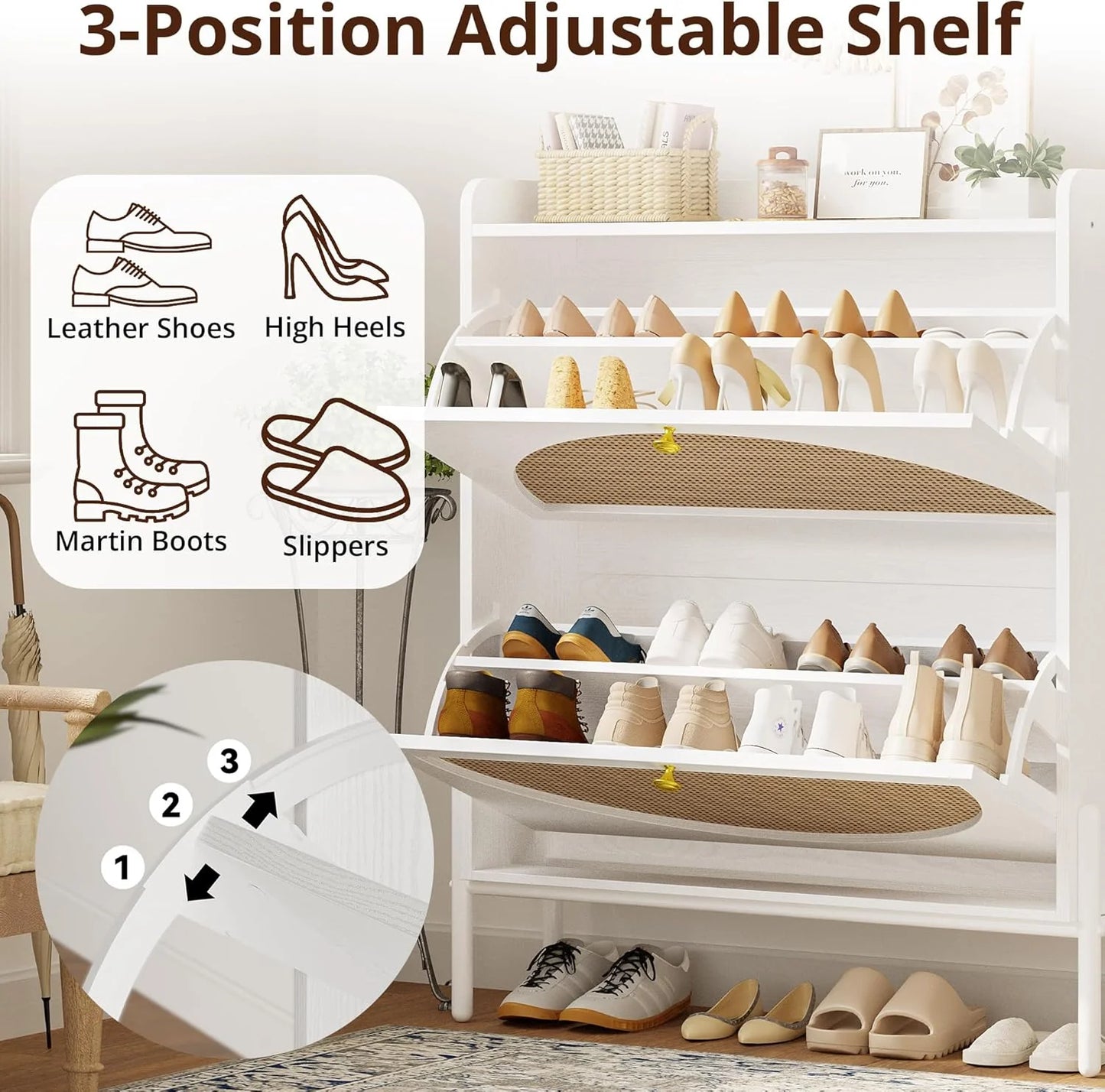 IRONCK Shoe Cabinet Storage with 2 Flip Drawers, Free Standing Wooden Shoe Storage Organizer Cabinet with Rattan Doors for Entryway, Narrow Shoe Rack Cabinet, Oak