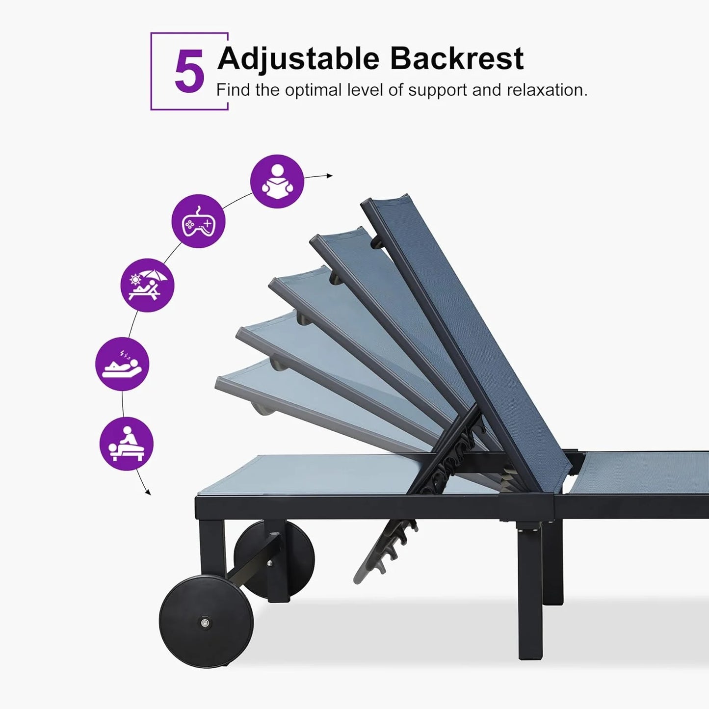 PURPLE LEAF Patio Tanning Lounge Chair Set with Face Down Hole Outdoor Aluminum Adjustable Reclining Chairs Wheels Pillows and Table for Poolside Beach Sunbathing Lounger, Beige