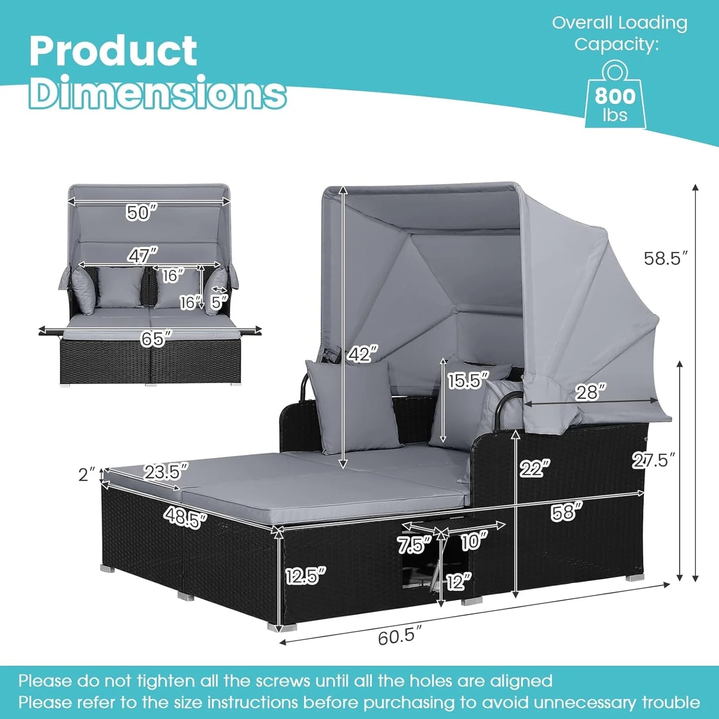 RELAX4LIFE Patio Outdoor Daybed with Canopy, Wicker Sunbed w/Cushions, 4 Pillows & 2 Retractable Side Trays, 2-Person Lounge Bed Conversation for Poolside Porch Garden, Rattan Outdoor Bed (Turquoise)