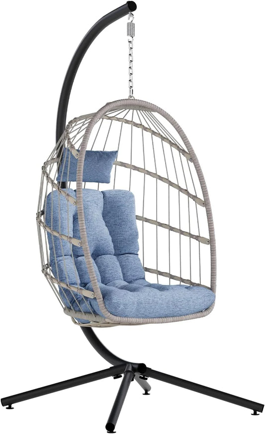 SWITTE Egg Chair Outdoor with Stand, Indoor Wicker Hanging Egg Swing Chair with Cushion, 350lbs Capacity for Patio, Bedroom