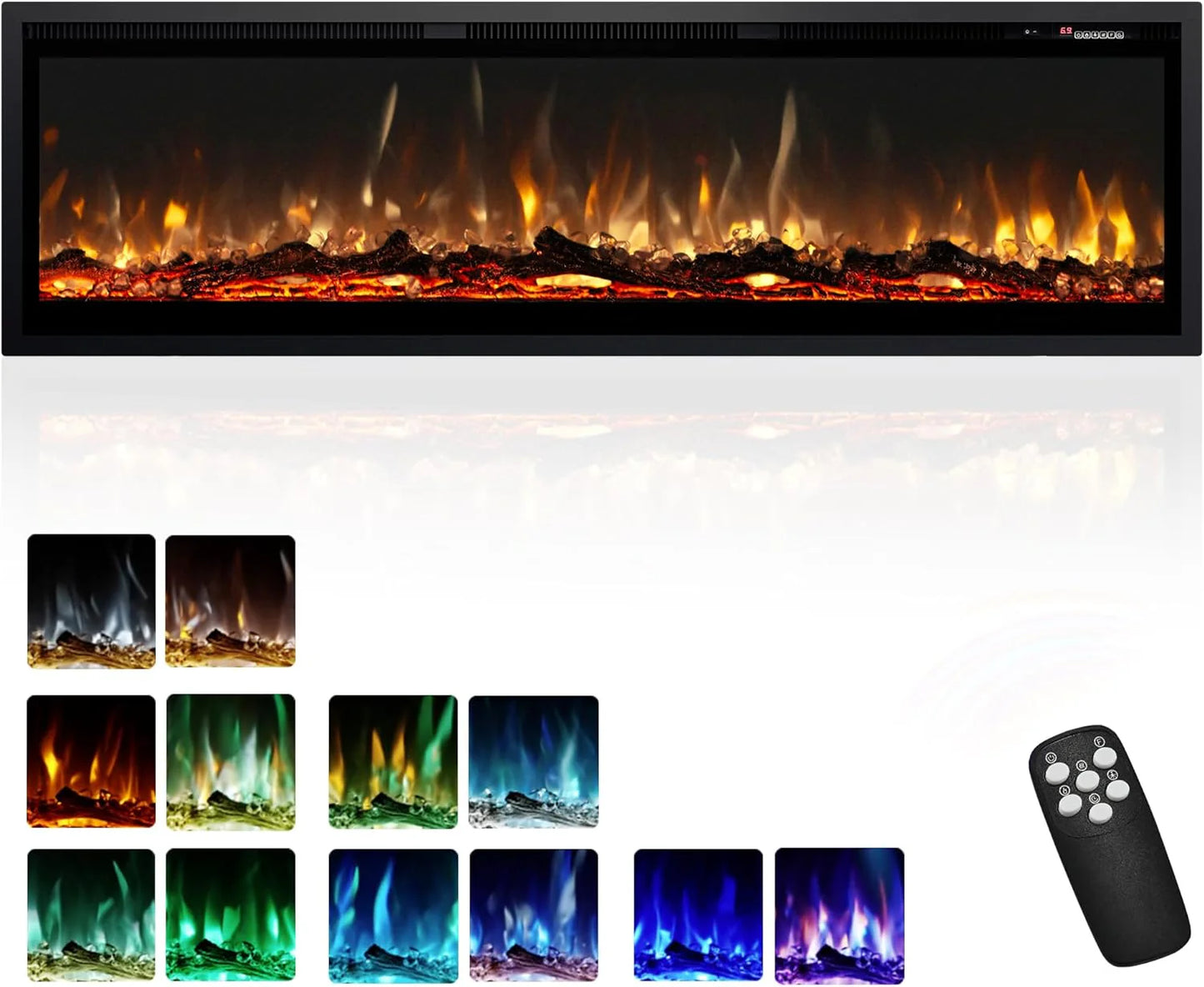 EUHOMY 50 Inch Electric Fireplace Wall Recessed and Wall Mounted with Adjustable Flame Color, Fireplace Heater with Remote Control, Linear Fireplace with Timer, Touch Screen, Log & Crystal, 750/1500W