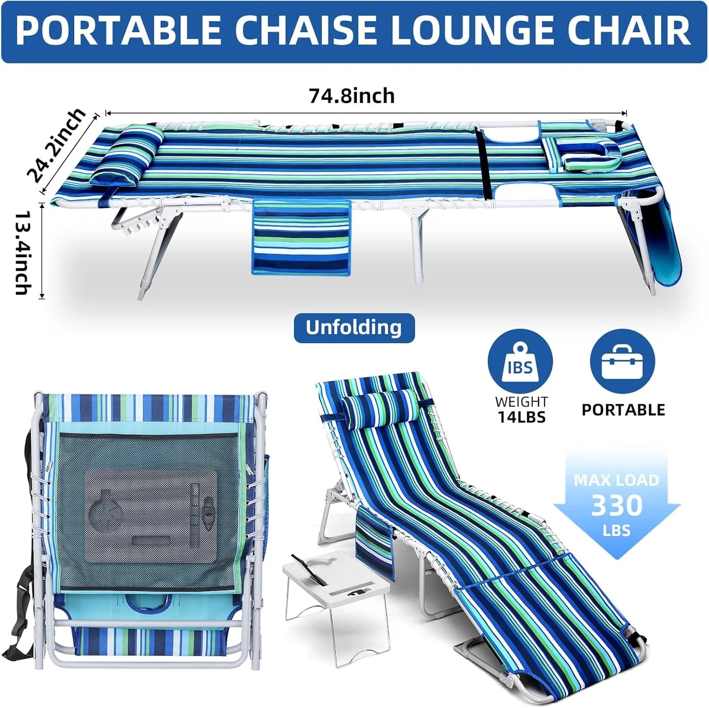 3-in-1 Beach Chair Face Holes Lounge Chair Outdoor with Folding Side Table 5-Position Recliner, Lay Flat Removable Pillow Heavy Duty, Max 330lbs, Poolside, Patio, Camping Backyard Striped Blue