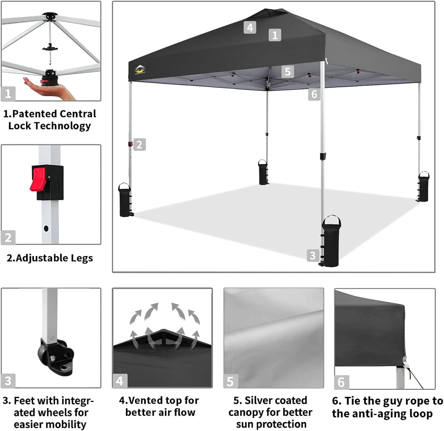 10x10 Pop-Up Awning - One-Click Installation Beach Tent - Outdoor Sunshade Silver Coated Top, 3 Heights and 4 Sand Pockets