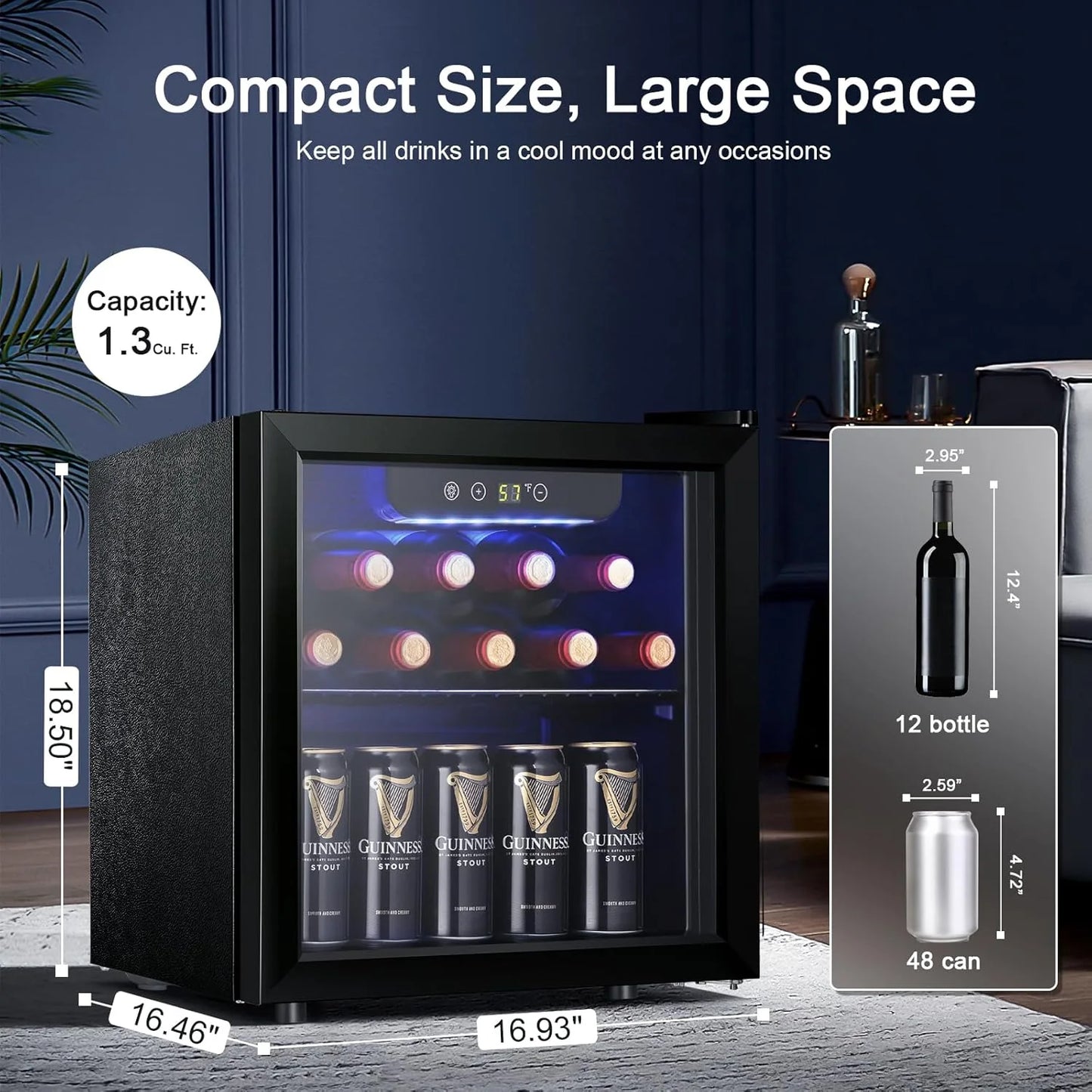Antarctic Star 26 Bottle 130 Can Wine Cooler/Cabinet Beverage Refrigerator Mini Wine Cellar Beer Soda Clear Glass Door Bar Fridge Quiet Compressor Adjust Temp Freestanding Indoor Use 3.2cu.ft Black