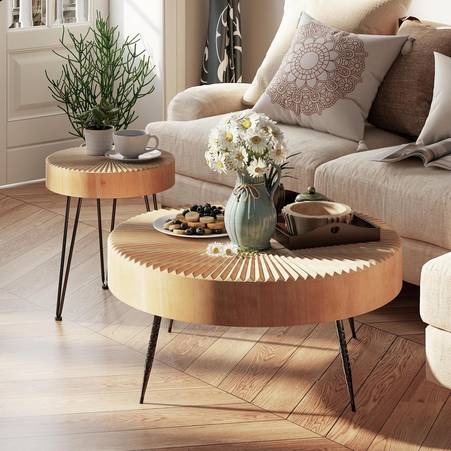 Two-Piece Modern Farmhouse Living Room Coffee Table Set, Round Nesting Tables