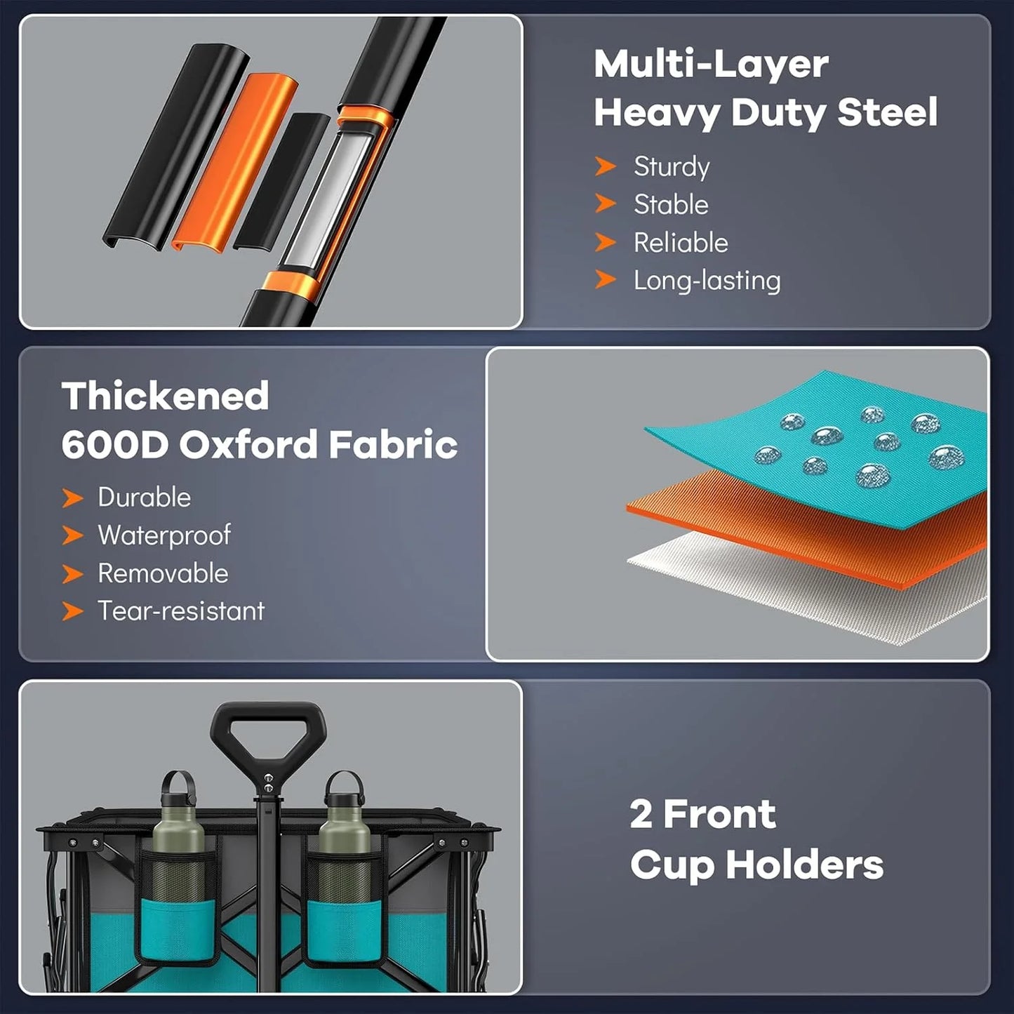 38" long foldable four-wheel stroller, foldable, 460 lb capacity, 220 liter heavy-duty folding beach stroller with large all-terrain tires