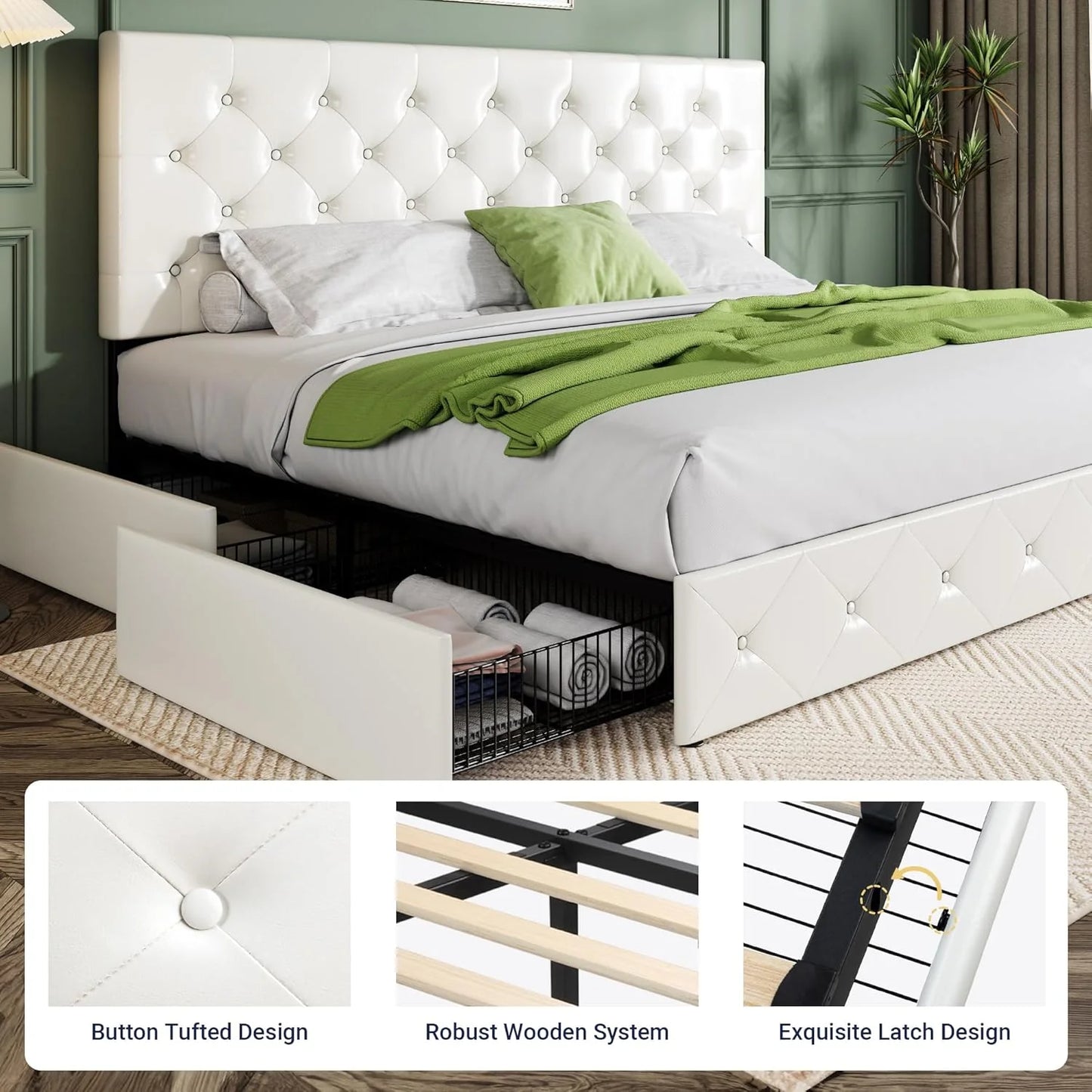 Allewie Upholstered Queen Size Platform Bed Frame with 4 Storage Drawers and Headboard, Square Stitched Button Tufted, Mattress Foundation with Wooden Slats Support, No Box Spring Needed