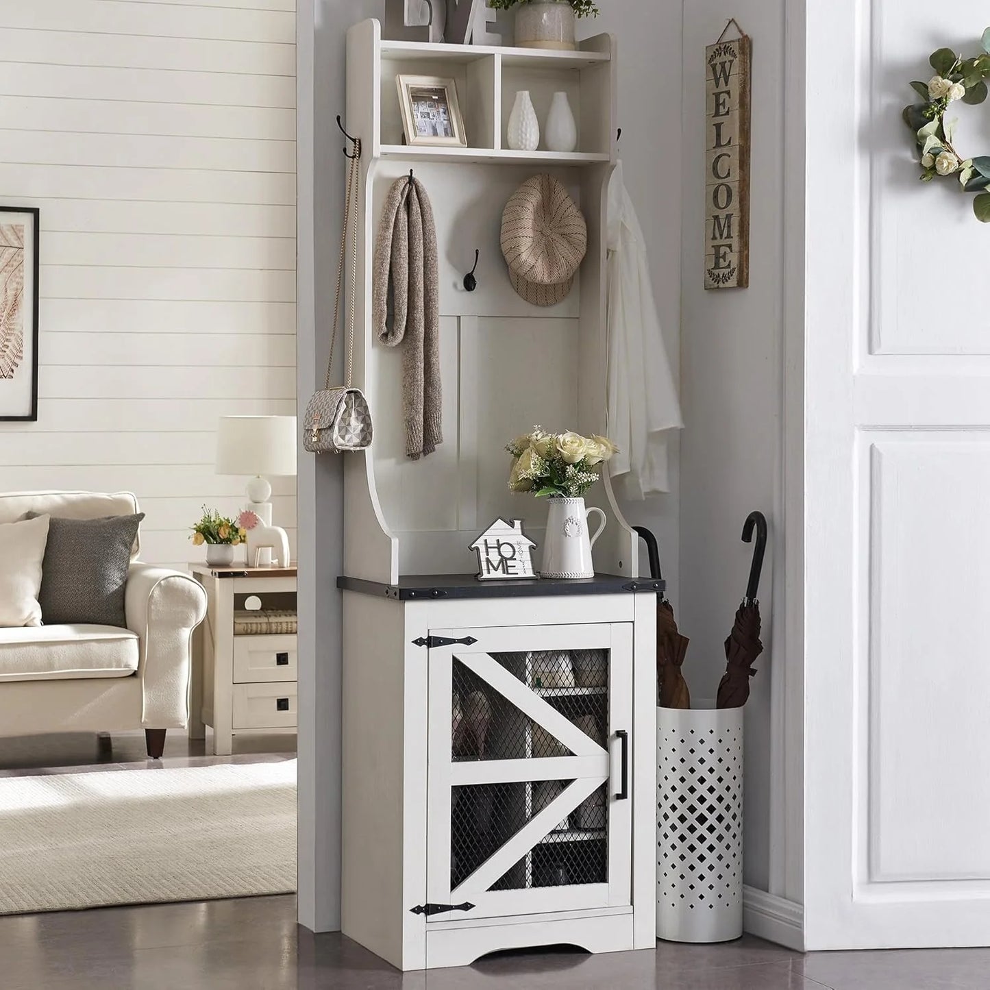 JXQTLINGMU 59-inch Farmhouse Foyer Tree with Shoe Storage, Entryway Bench Foyer Coat Rack Cabinet